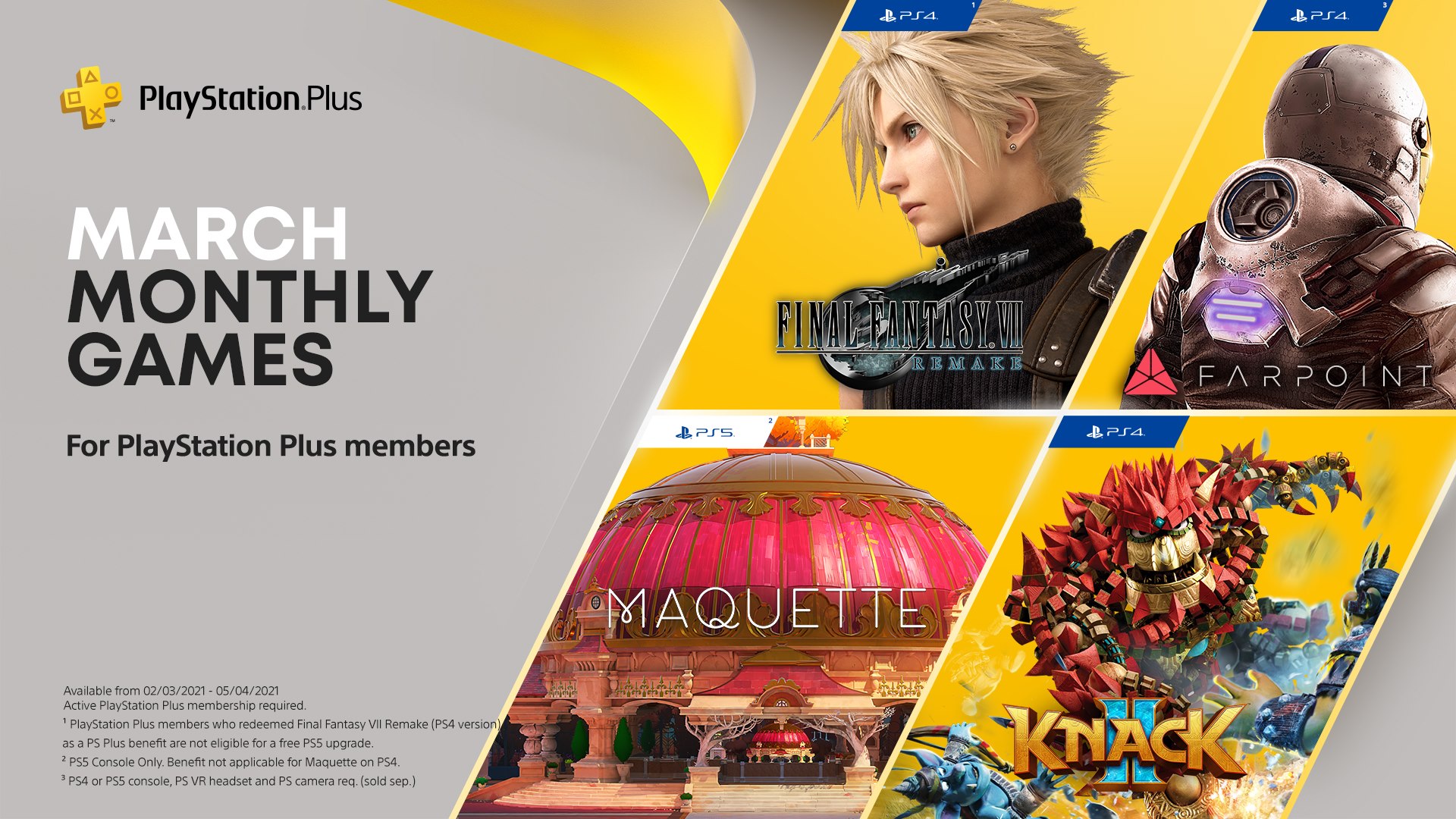 PS Plus 3 月份会免游戏：《Final Fantasy 7 Remake》、《Farpoint》、《Maquette》、《Knack 2》