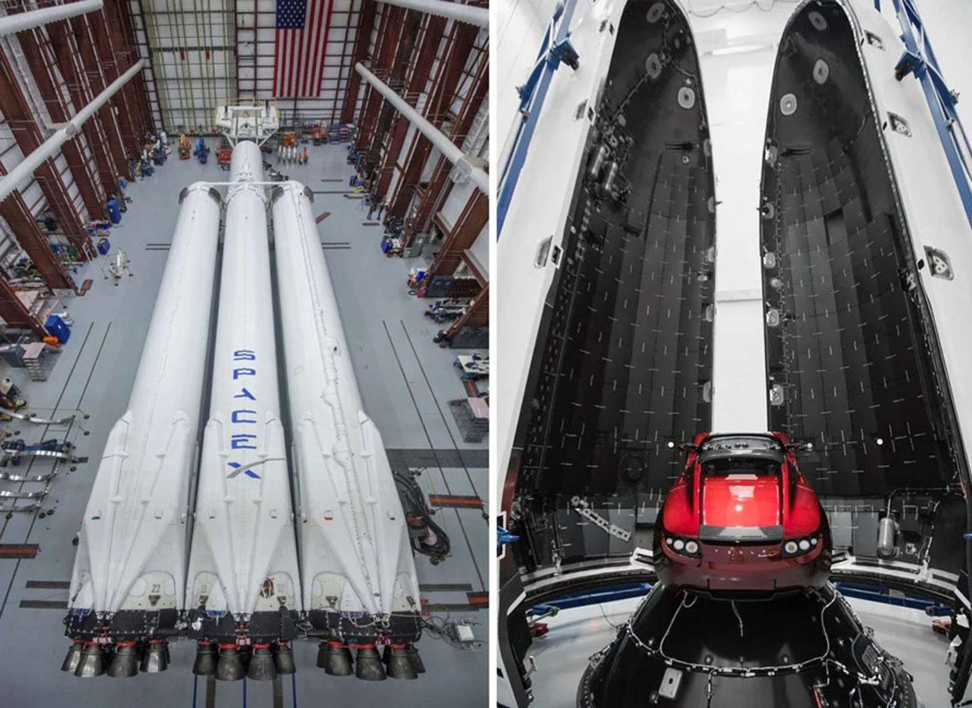 （左）2018年SpaceX“猎鹰重型”火箭首次试射。（右）首次搭载的货物，一辆红色Tesla Roadster电动跑车。（图源：SpaceX官方）