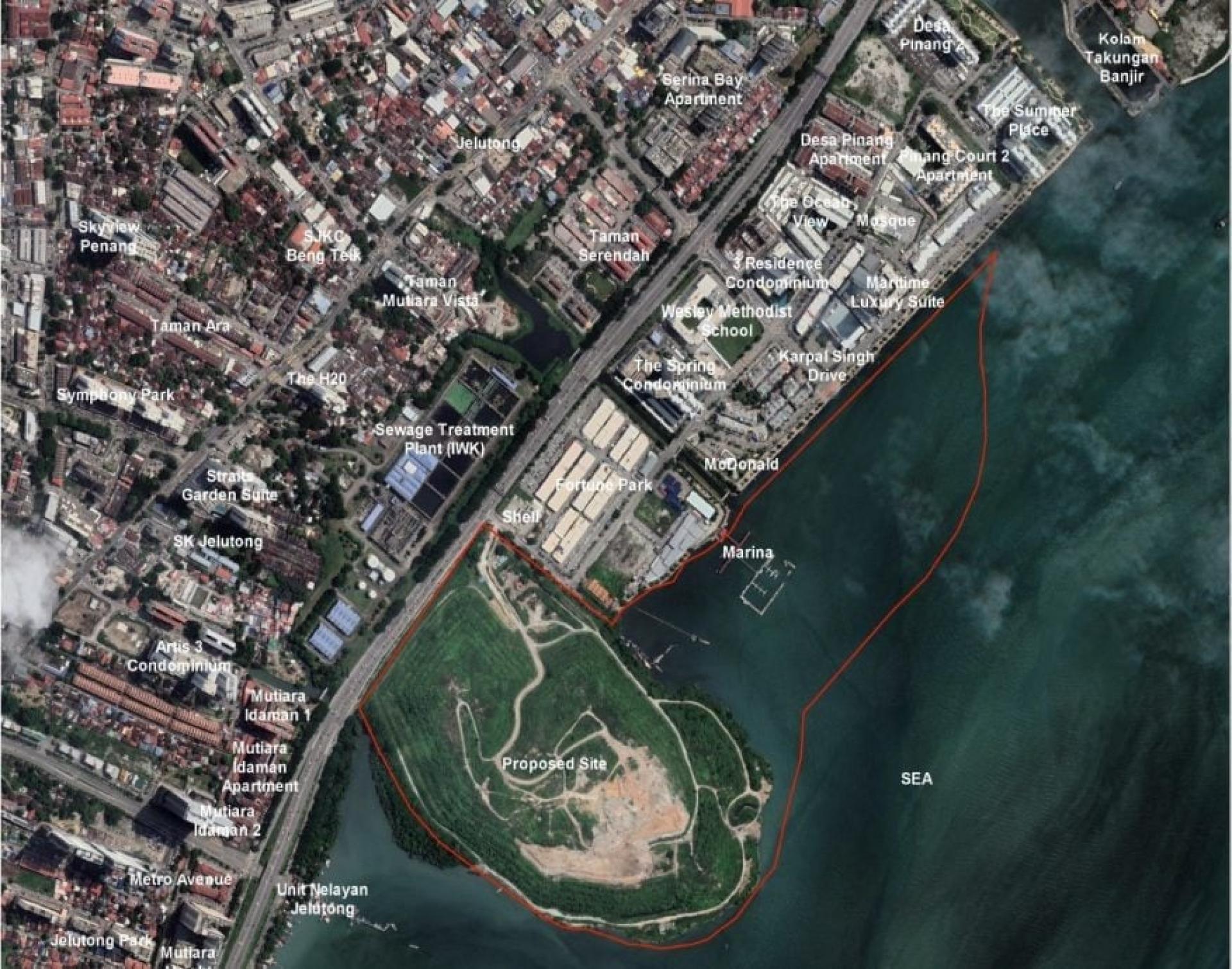 根据环境评估报告内的地图显示，填海区域（红线范围）从垃圾场往北部延伸至加巴星道。（图取自网站）