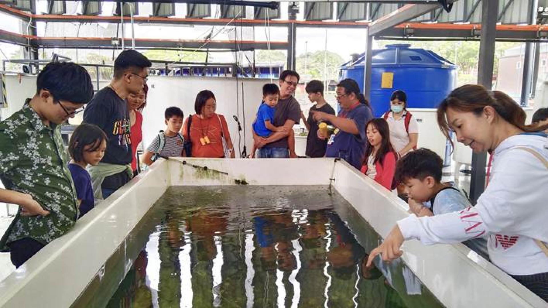 技术人员向家长和孩子们讲解水生食物系统。