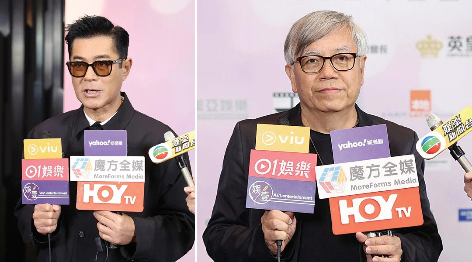 （左）古天乐表示“总会拍电影”计划将会继续进行，并改名为“拍住上”希望与业界携手度过低潮。（右）田启文就业界困境与市道进行回应。