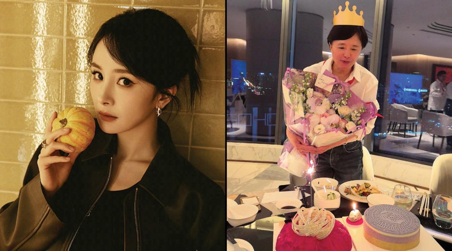 杨幂（左）美貌遗传自妈妈（右）。杨妈妈近日生日。
