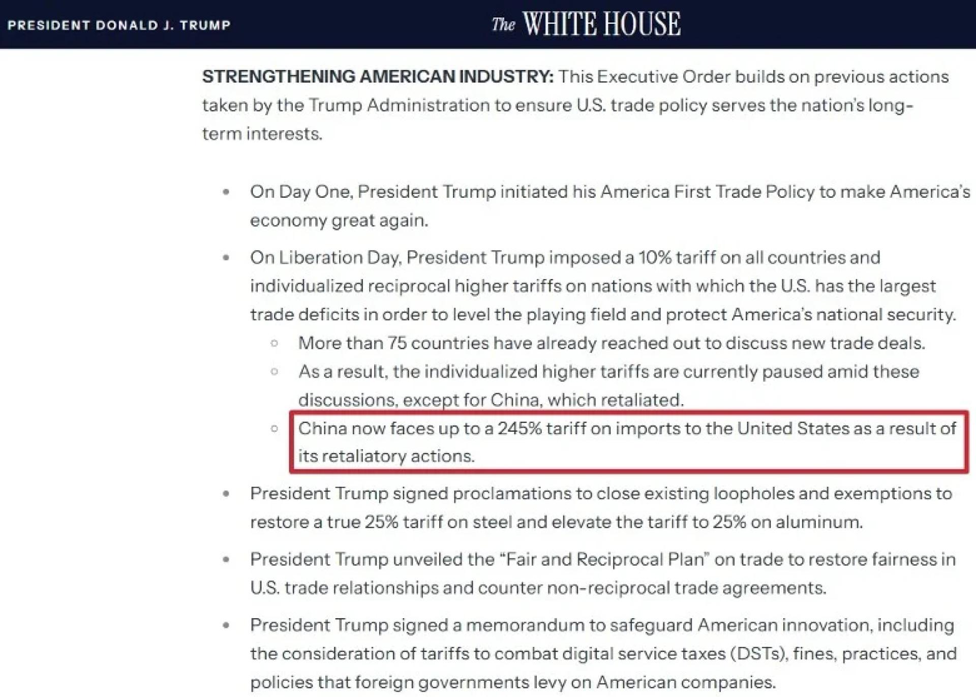 白宫说中国输美商品现面临最高达245%的关税。