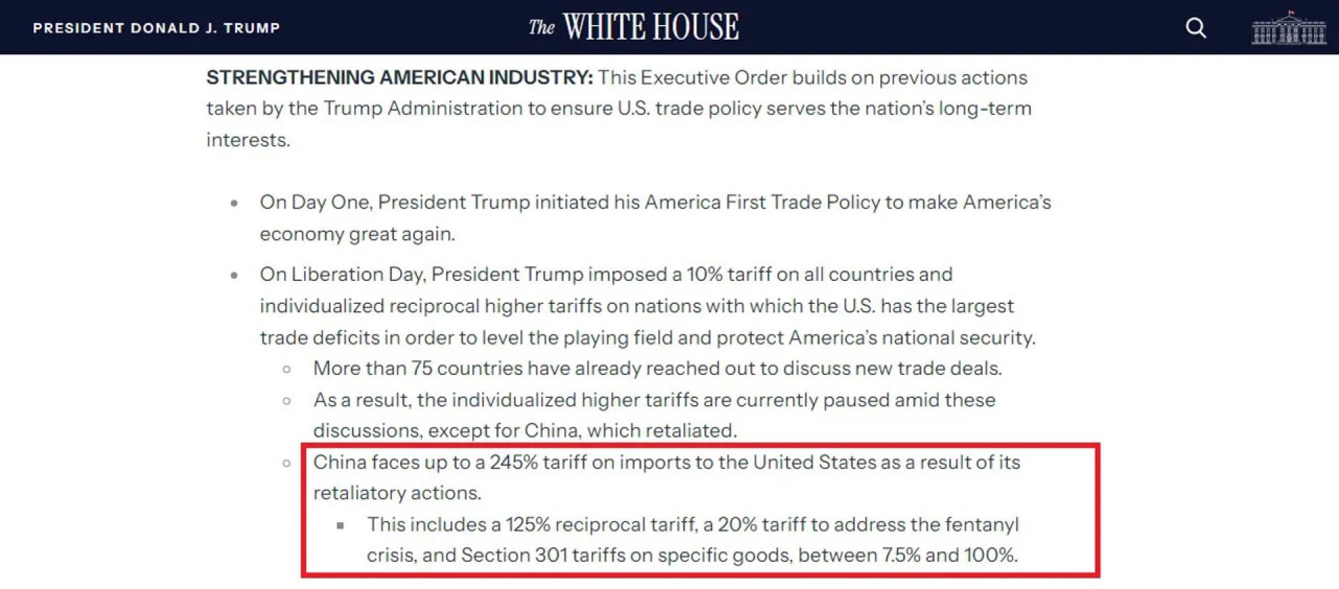 美国白宫对中国商品关税最高可达245%作出澄清。