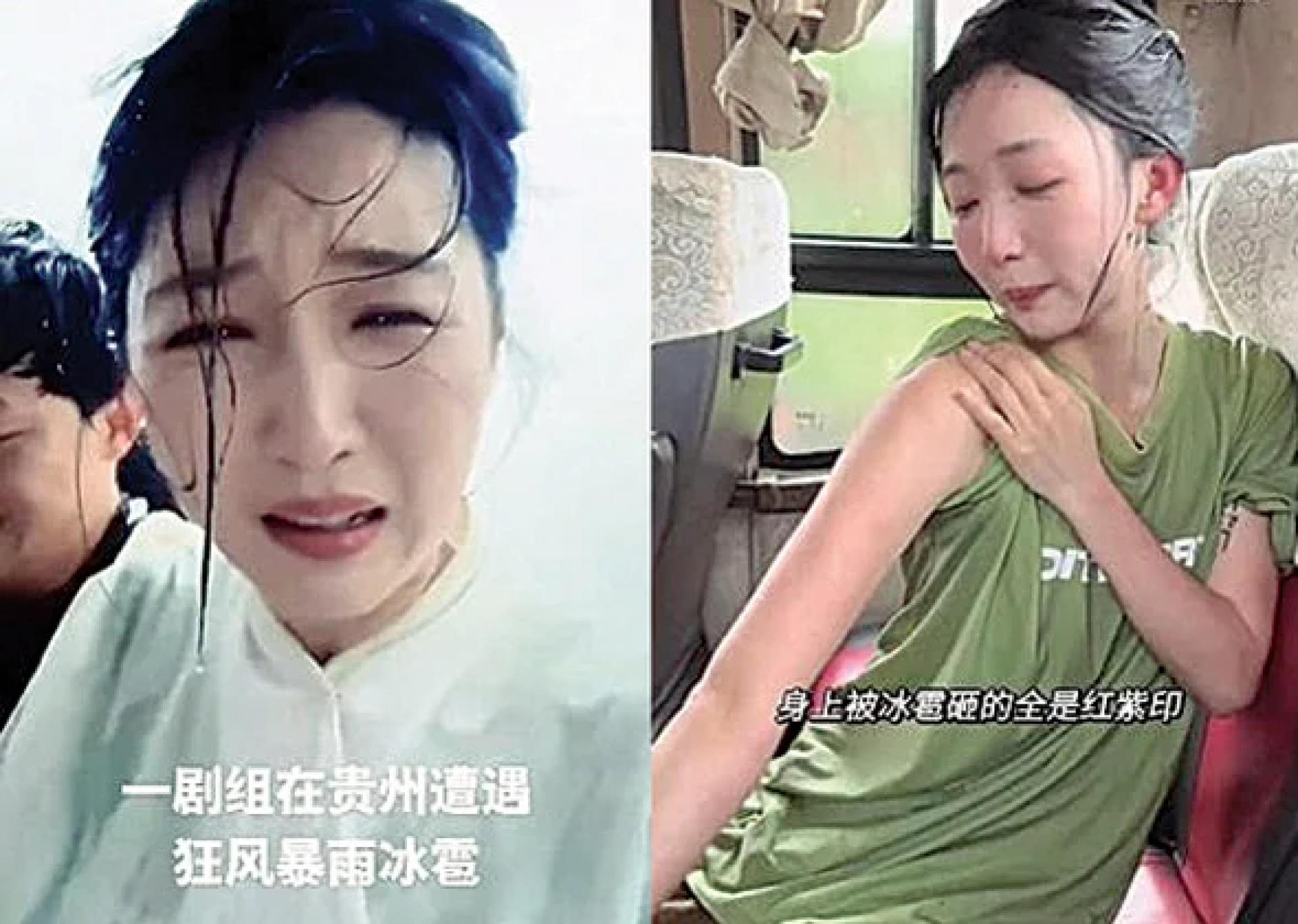 杨珊子上山拍戏遇冰雹。