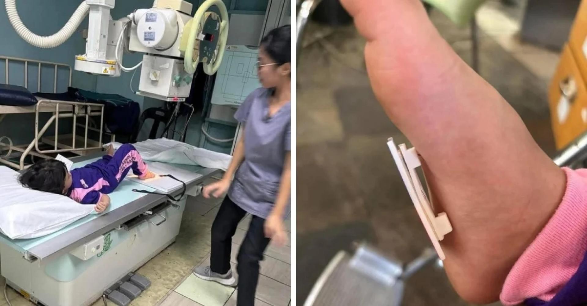 一名女童踩国旗扣章受伤，需紧急送院治疗。