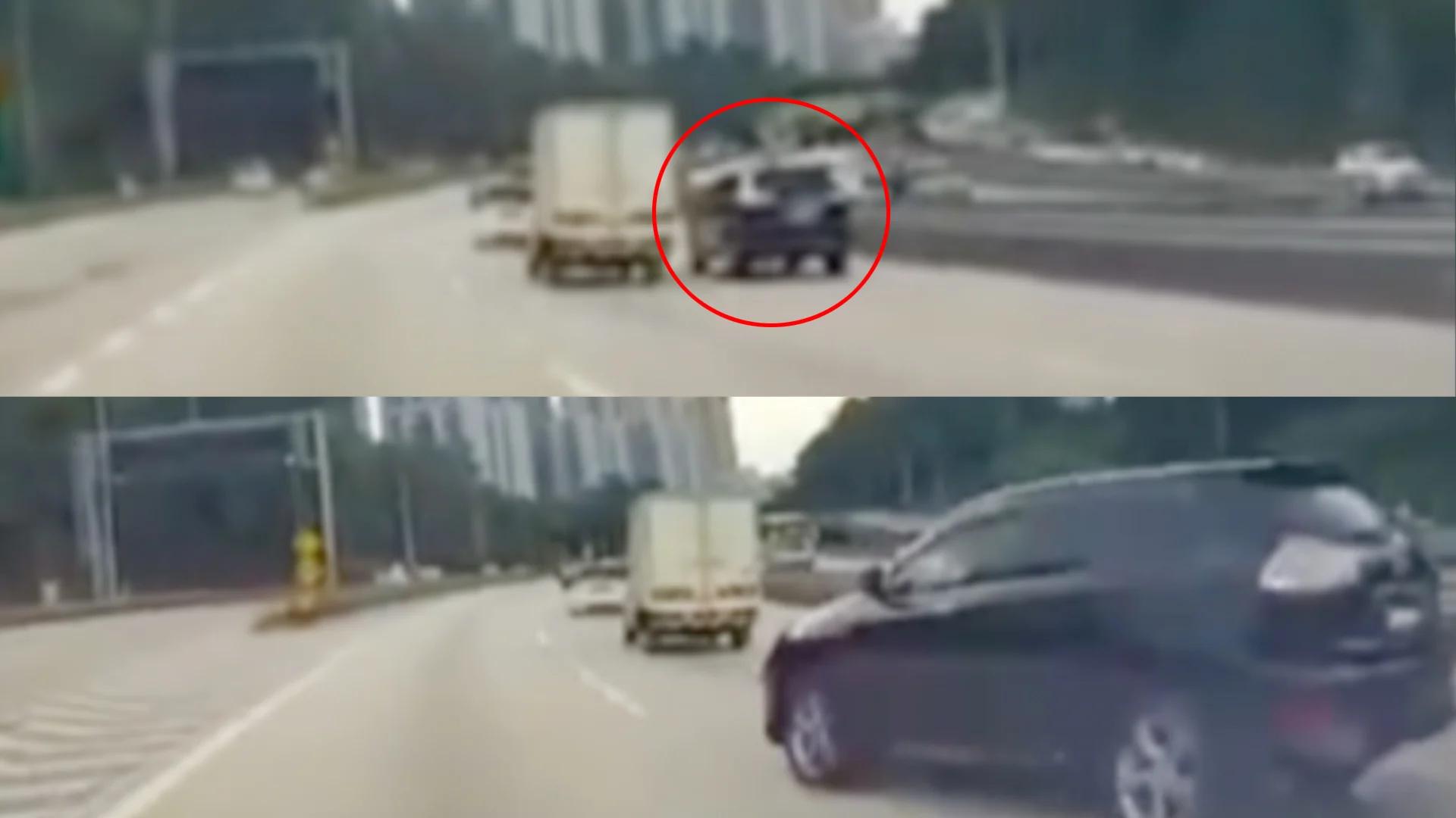 休旅车从第三车道的快车道无预警直接冲向第一车道。