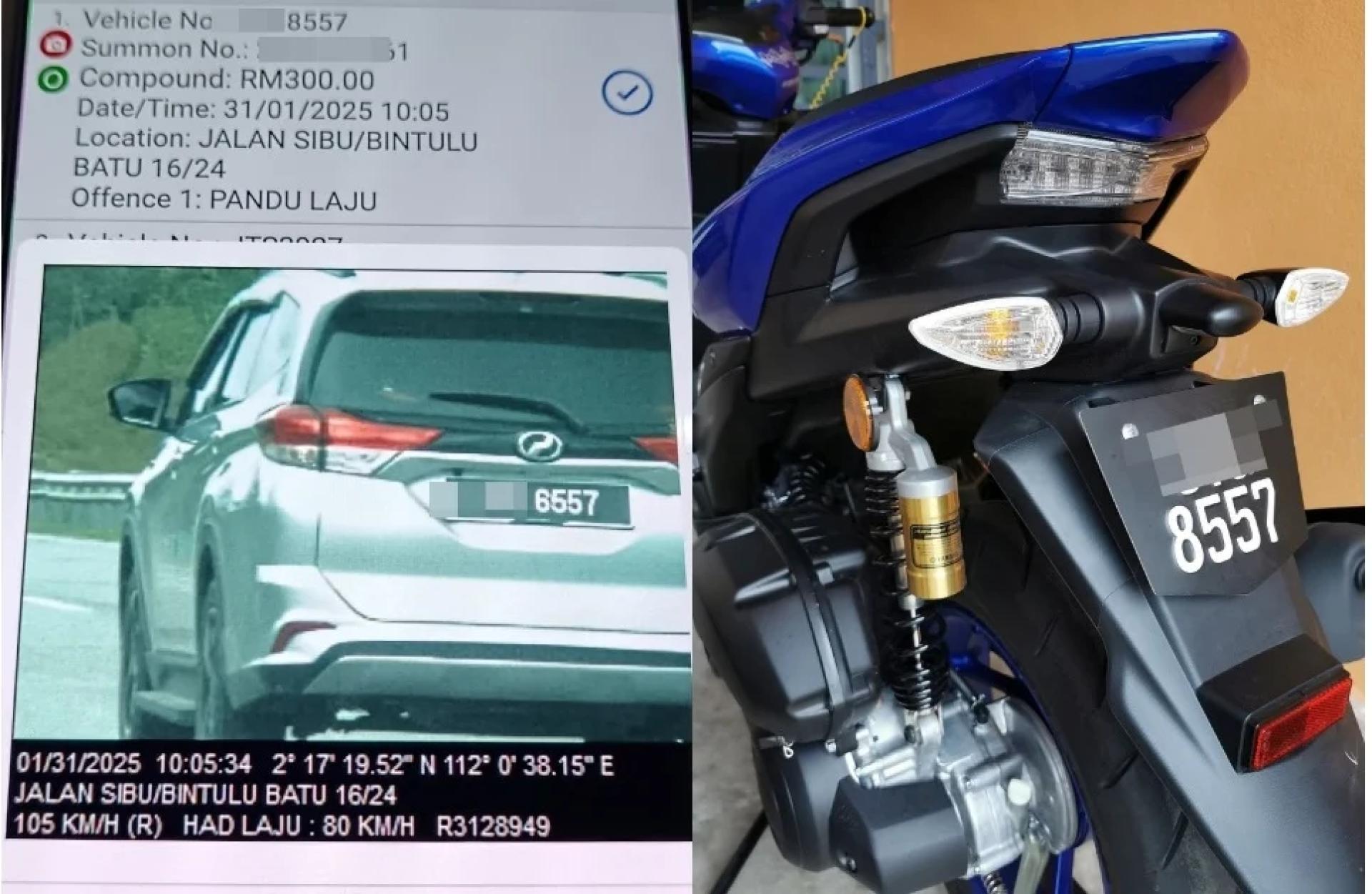 汽车车牌为6557，而摩哆车牌为8557，导致人和摩哆在吉打的男子，无辜接到罚单。
