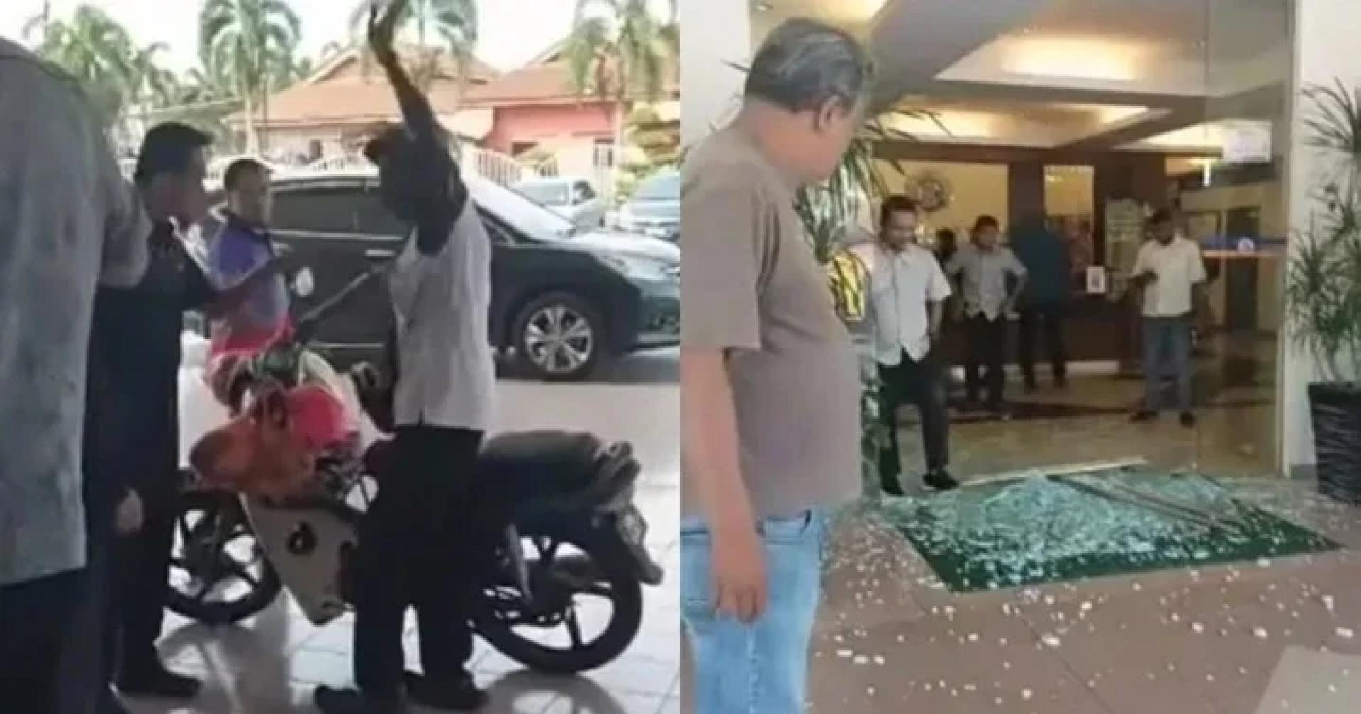男子骑着摩哆拿着铁锤，直接到安顺市议会大楼，砸破玻璃门，宣泄其不满。