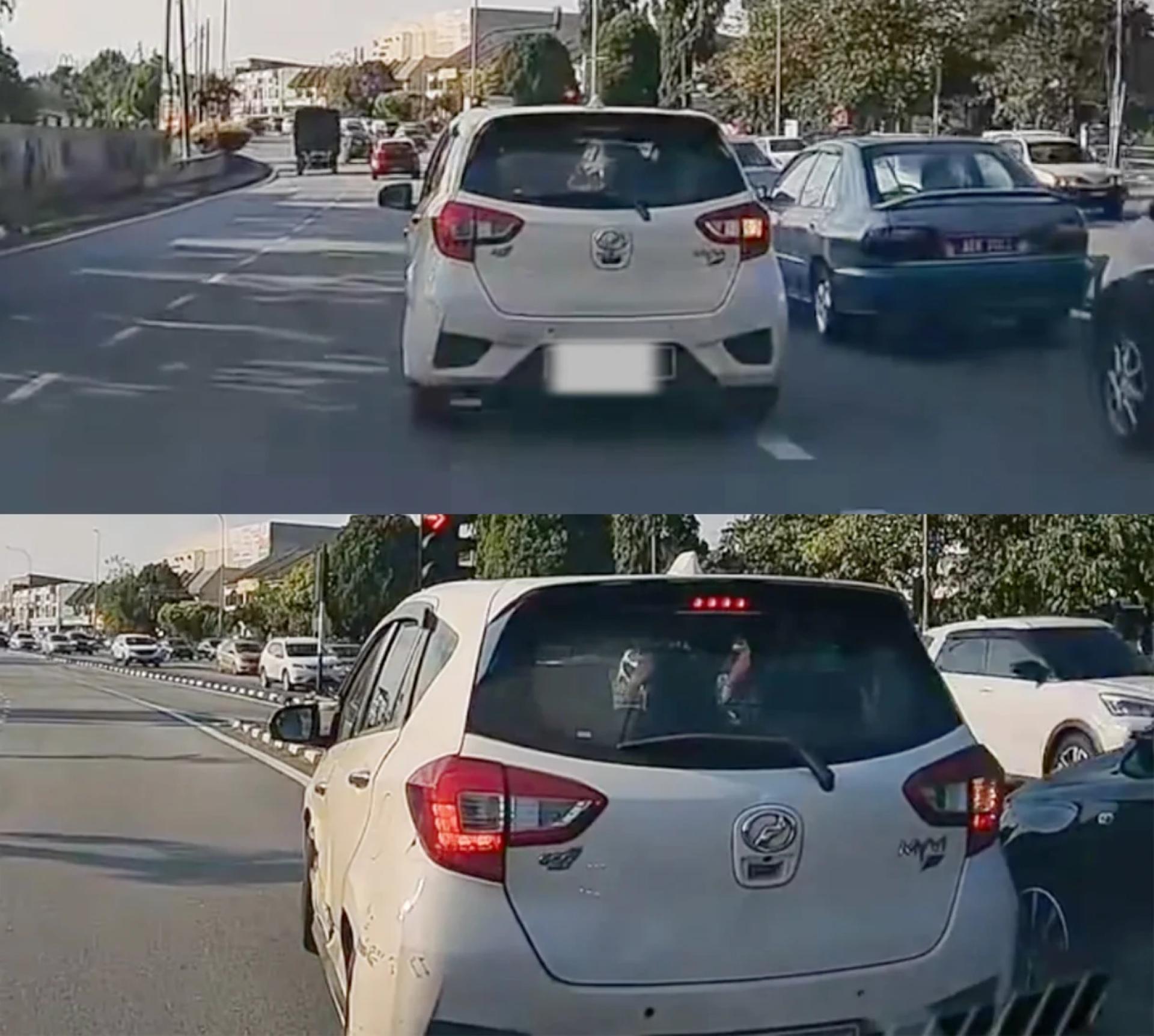 跟在这辆车后面的直行车，不断鸣笛不让他插队。
