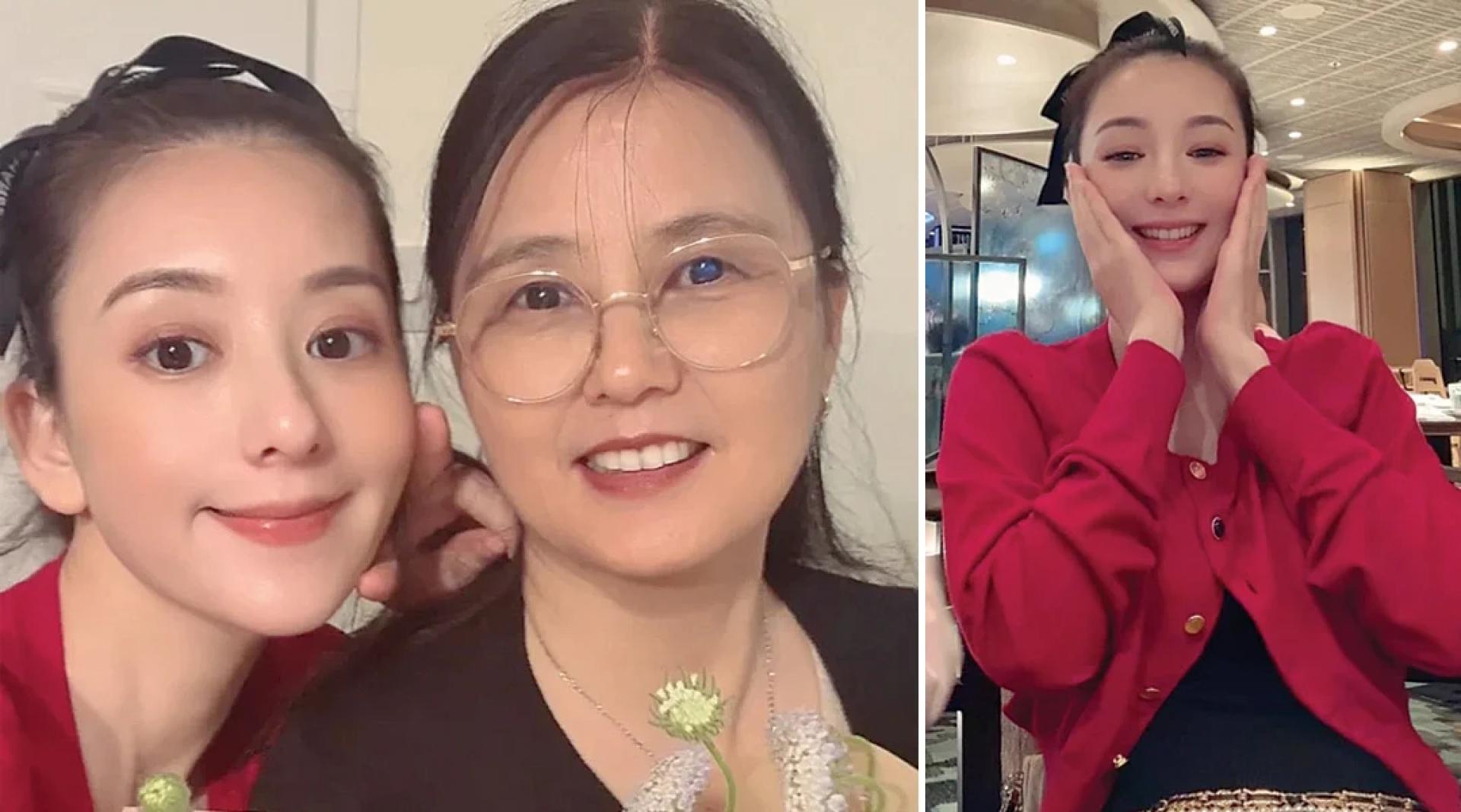 方媛（左）和妈妈庆祝母亲节，两人像极了姐妹。（右）方媛被疑小腹隆起。