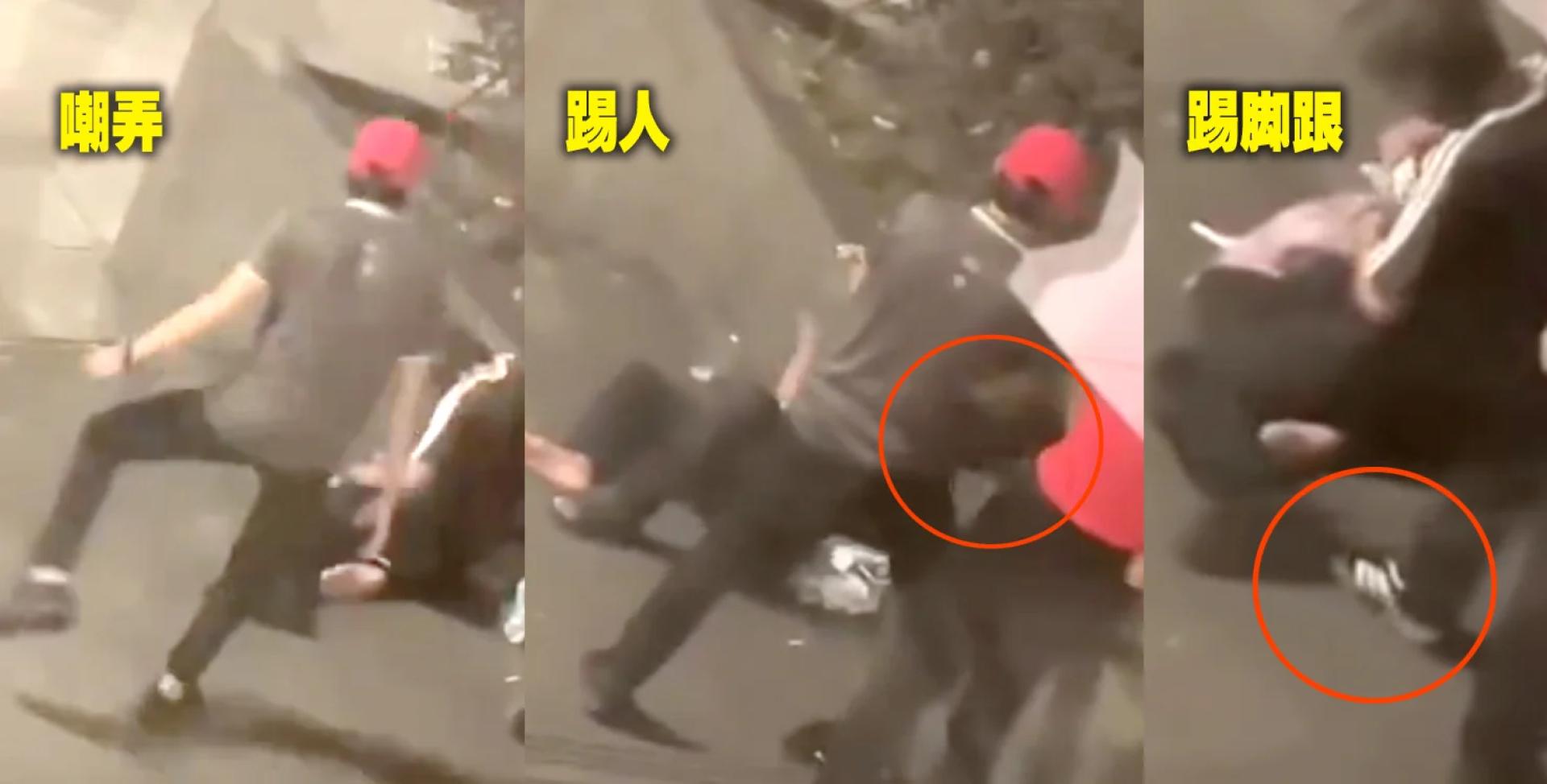 其中一人似乎在嘲弄这名流浪汉，另一人更伸脚踹了流浪汉,又踢了流浪汉东西和他的脚跟。