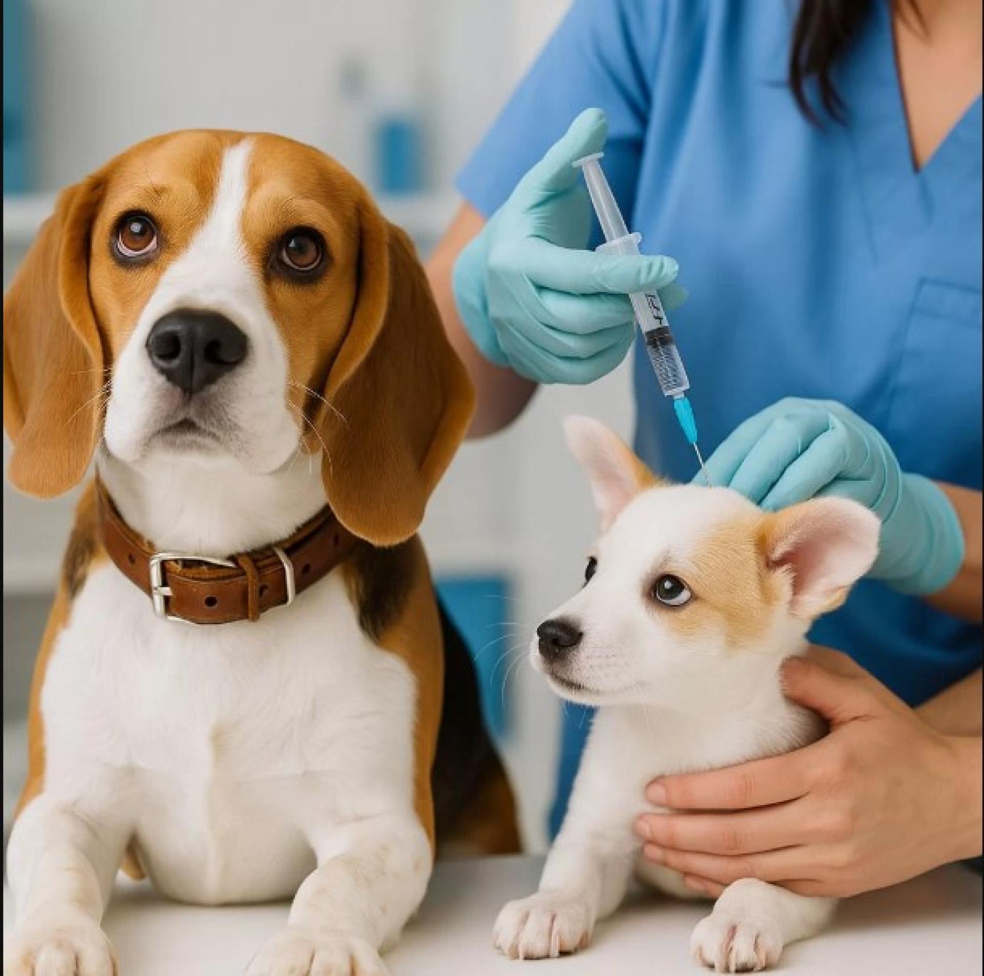 一张由AI生成的图像，显示狗正在接种狂犬病疫苗。