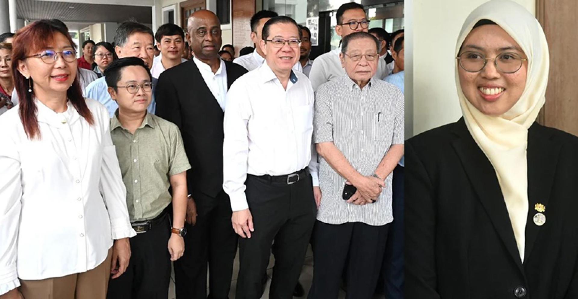 槟城高庭判决民主行动党全国主席林冠英（左4）、行动党元老丹斯里林吉祥（右3）及士布爹国会议员郭素沁工1）胜诉。（档案照）
