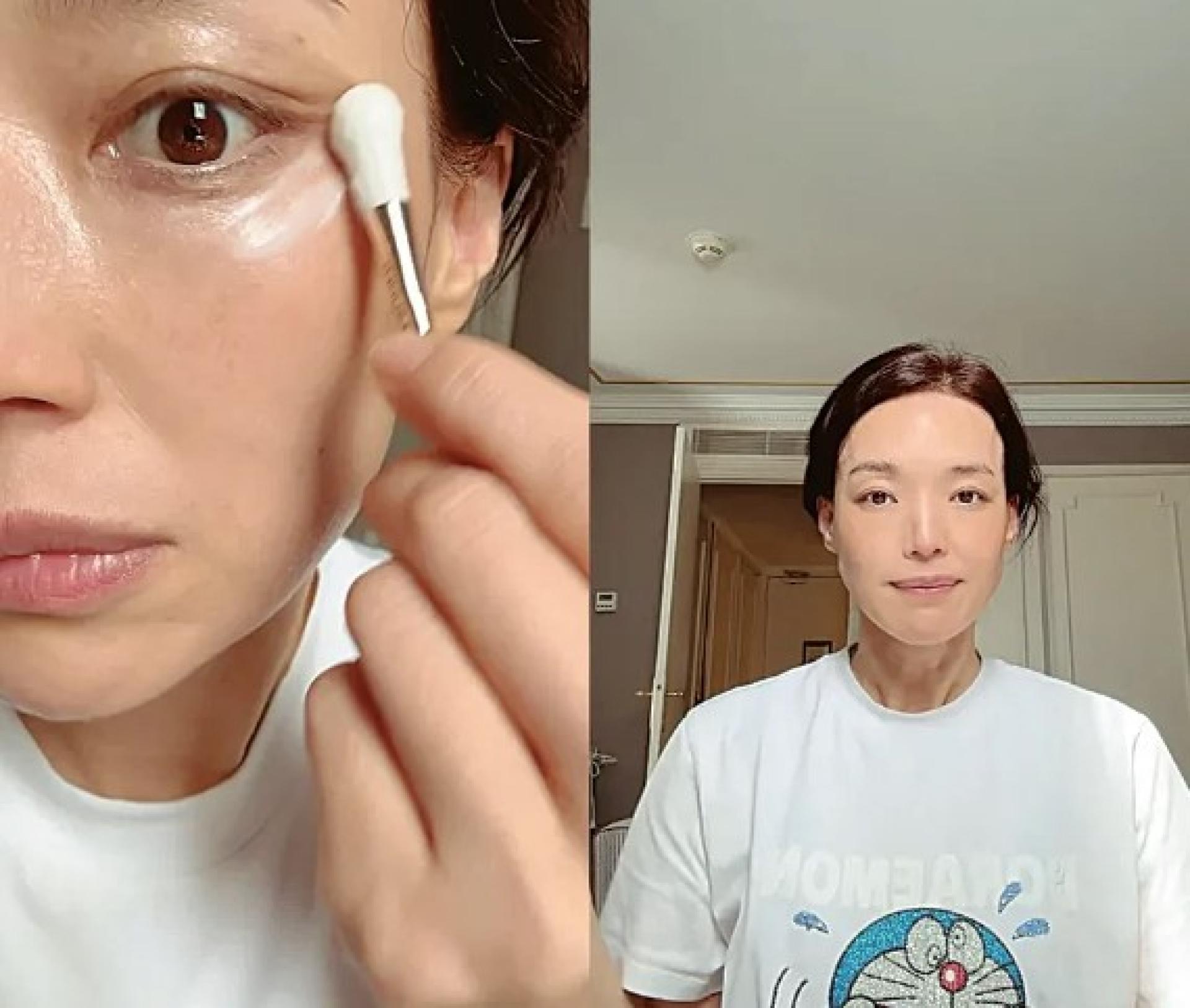 舒淇零包袱示范妆前保养，素颜入镜零偶包。