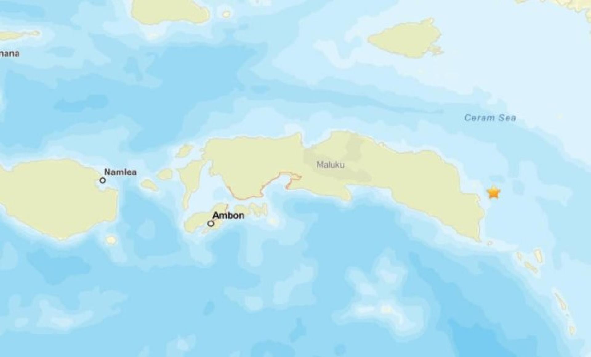 斯兰岛（Seram）的地震深度为10公里。 （美国地质勘探局网站截图）
