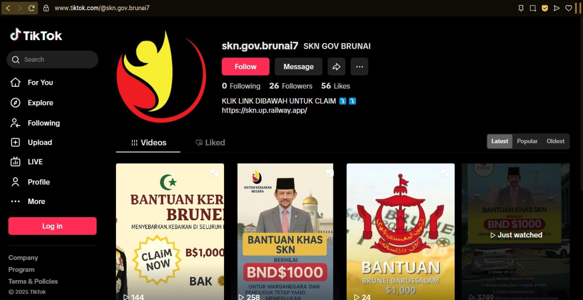 “@skn.gov.brunai7”的TikTok账号发布虚假信息