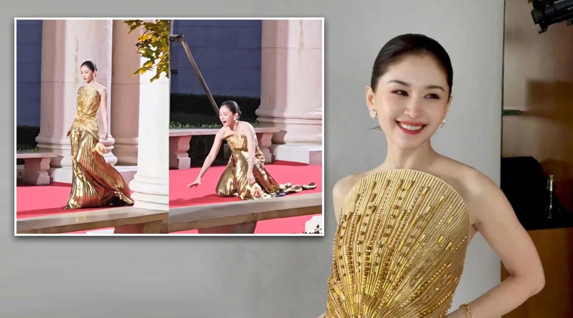 王子文在红毯上意外摔倒。