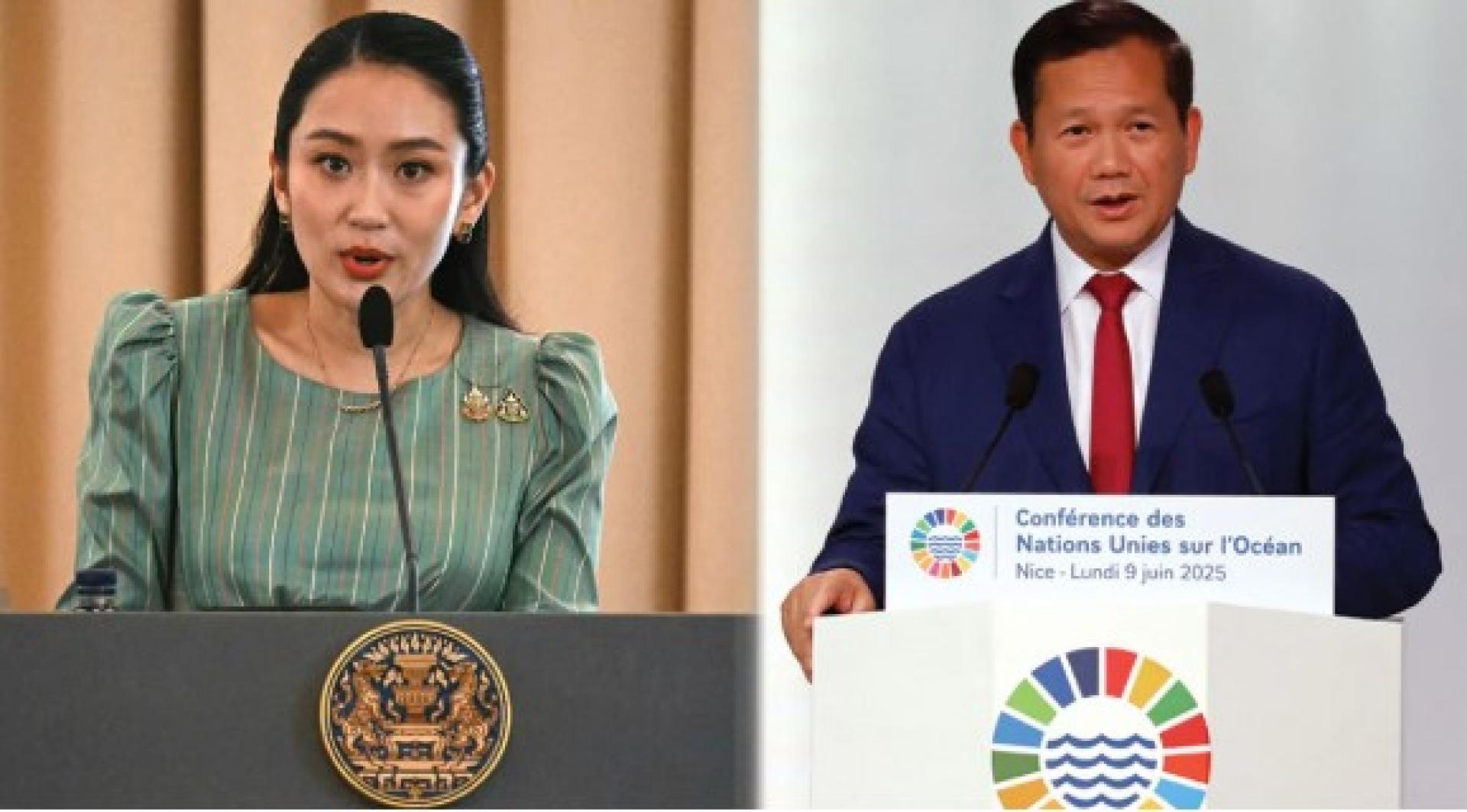 （右起）泰国首相佩通坦和柬埔寨首相洪玛耐。