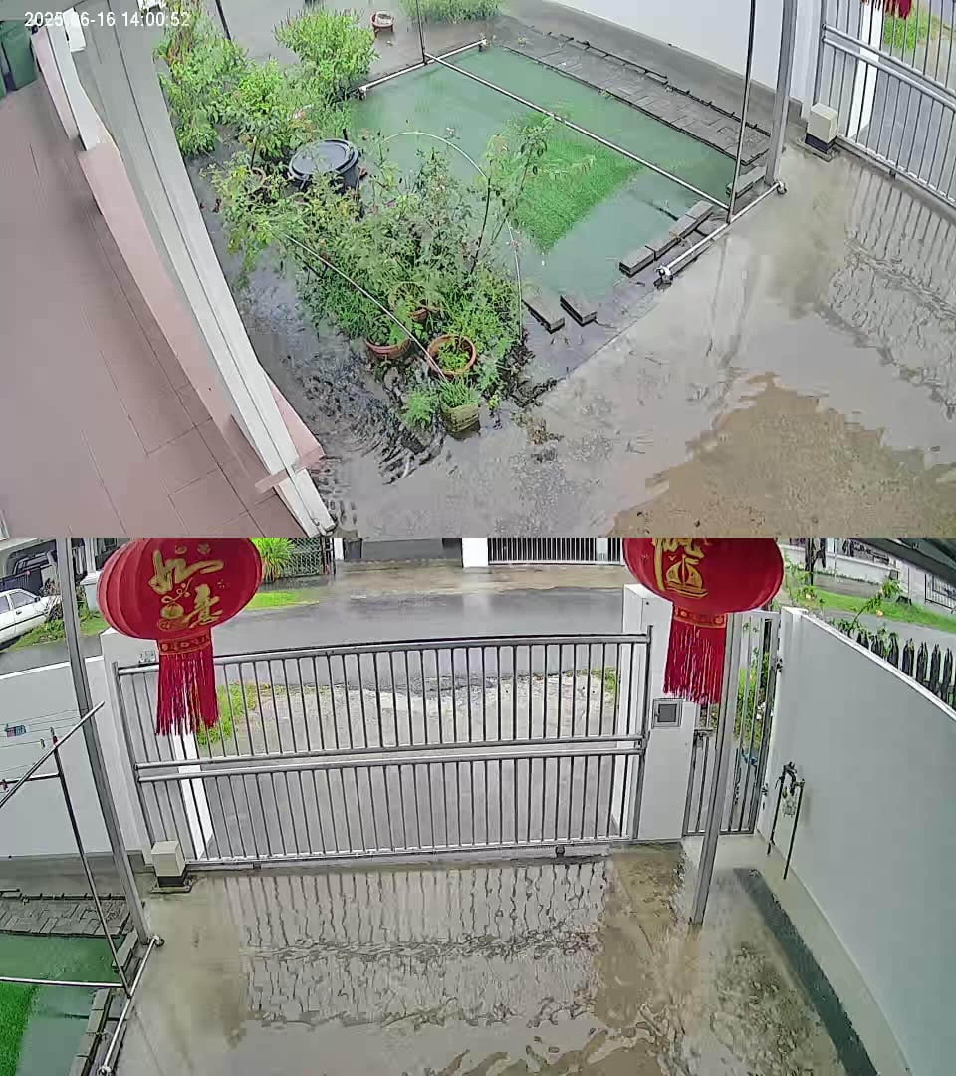 根据居民提供的照片，一场豪雨可见到溢出的雨水淹入屋院车房。