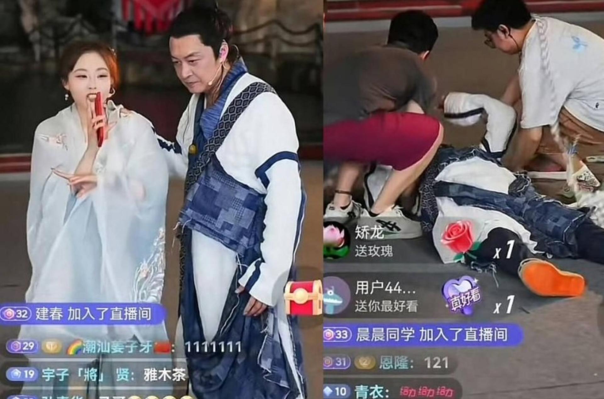 马景涛昏倒前，试图搭着身旁的女主持人保持平衡。