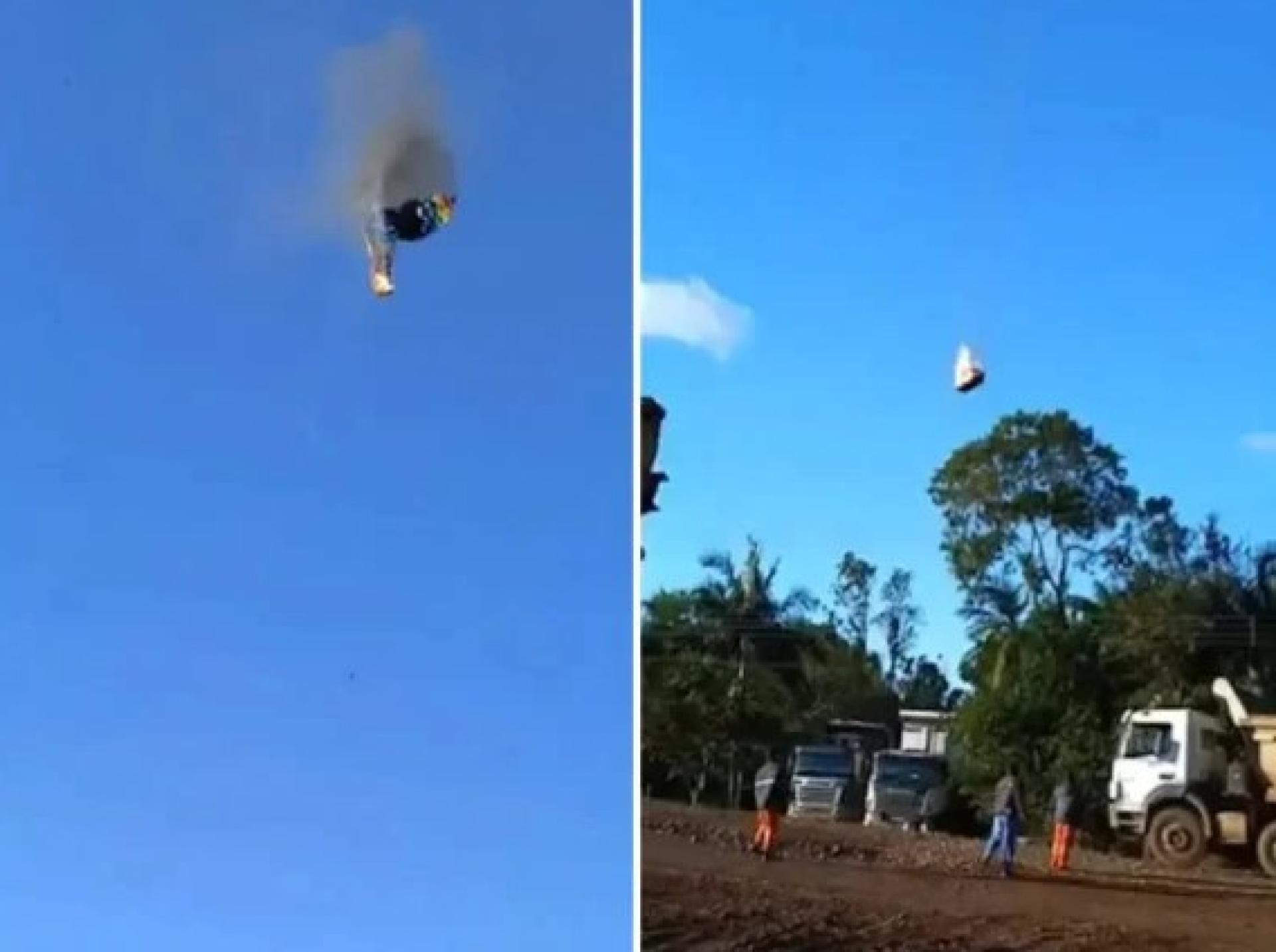 载客篮架瞬间被火焰吞噬，随后从数十米高空坠落。