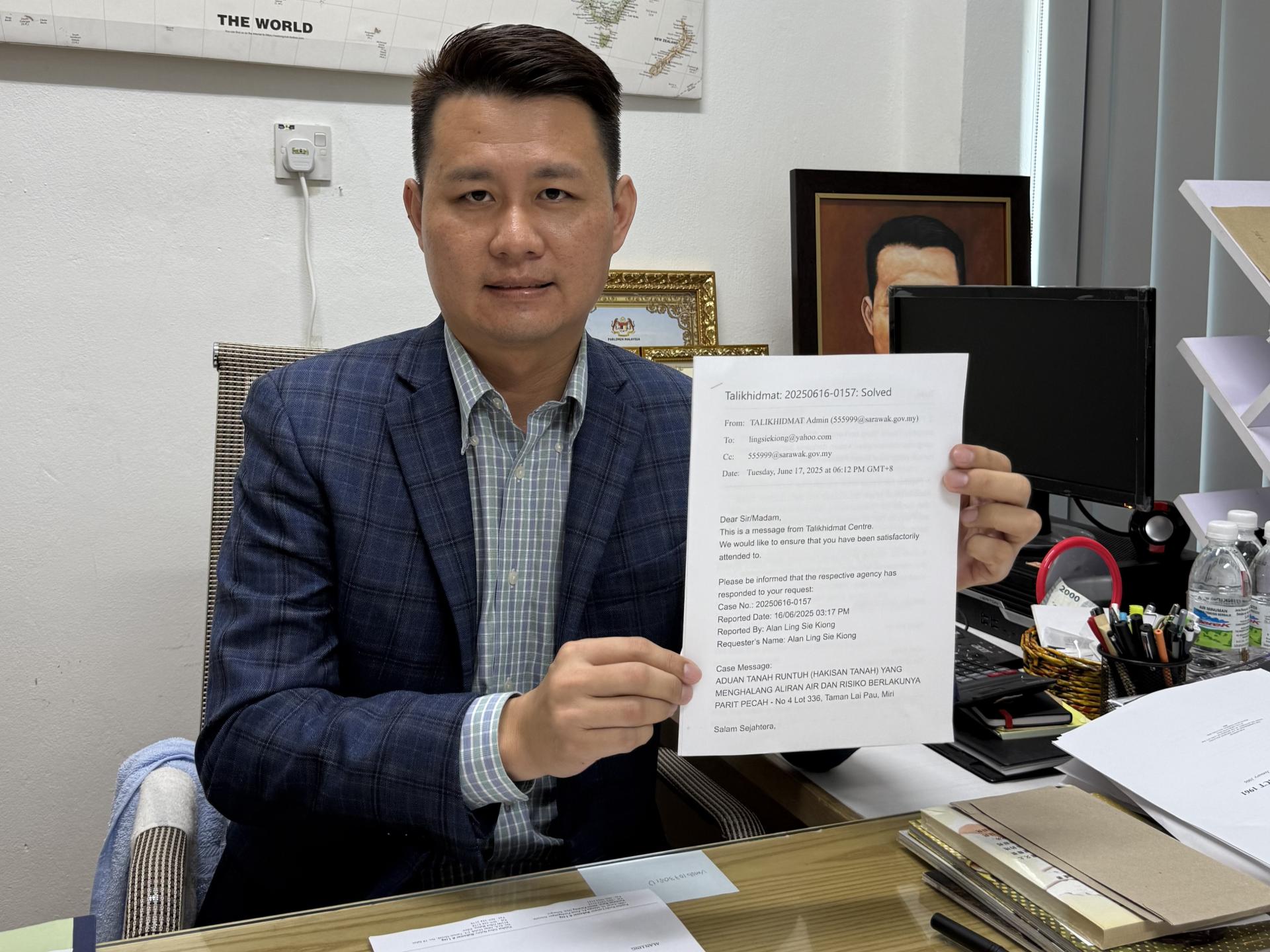 林思健举例赖包花园住宅区后的泥山峭壁土崩安全隐忧个案，Talikhidmat虽将问题转达至市政局，当局却以正等待拨款来回应，随即就关闭档案（Solved)，完全漠视案件尚未完全解决的事实，甚至是根本还未动工，就归纳个案为‘处理好了’。