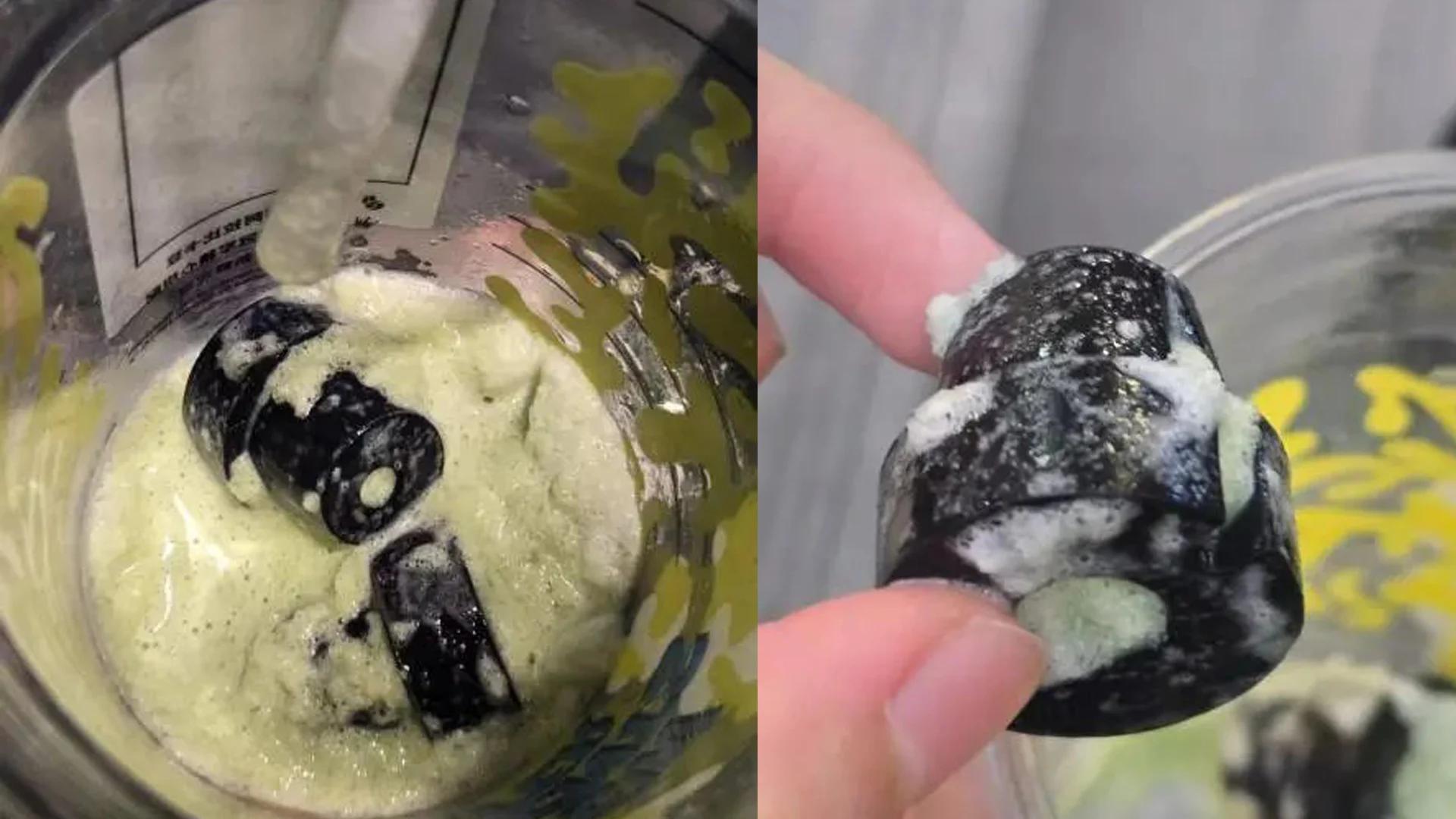 一名女子在饮料喝到快见底时，却发现有两个黑色异物。
