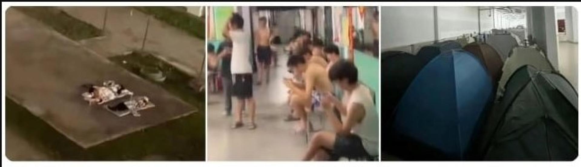 中国东北地区持续高温，当地多所高校的学生各出奇招来避暑。 （图取自广东广播电视台网）