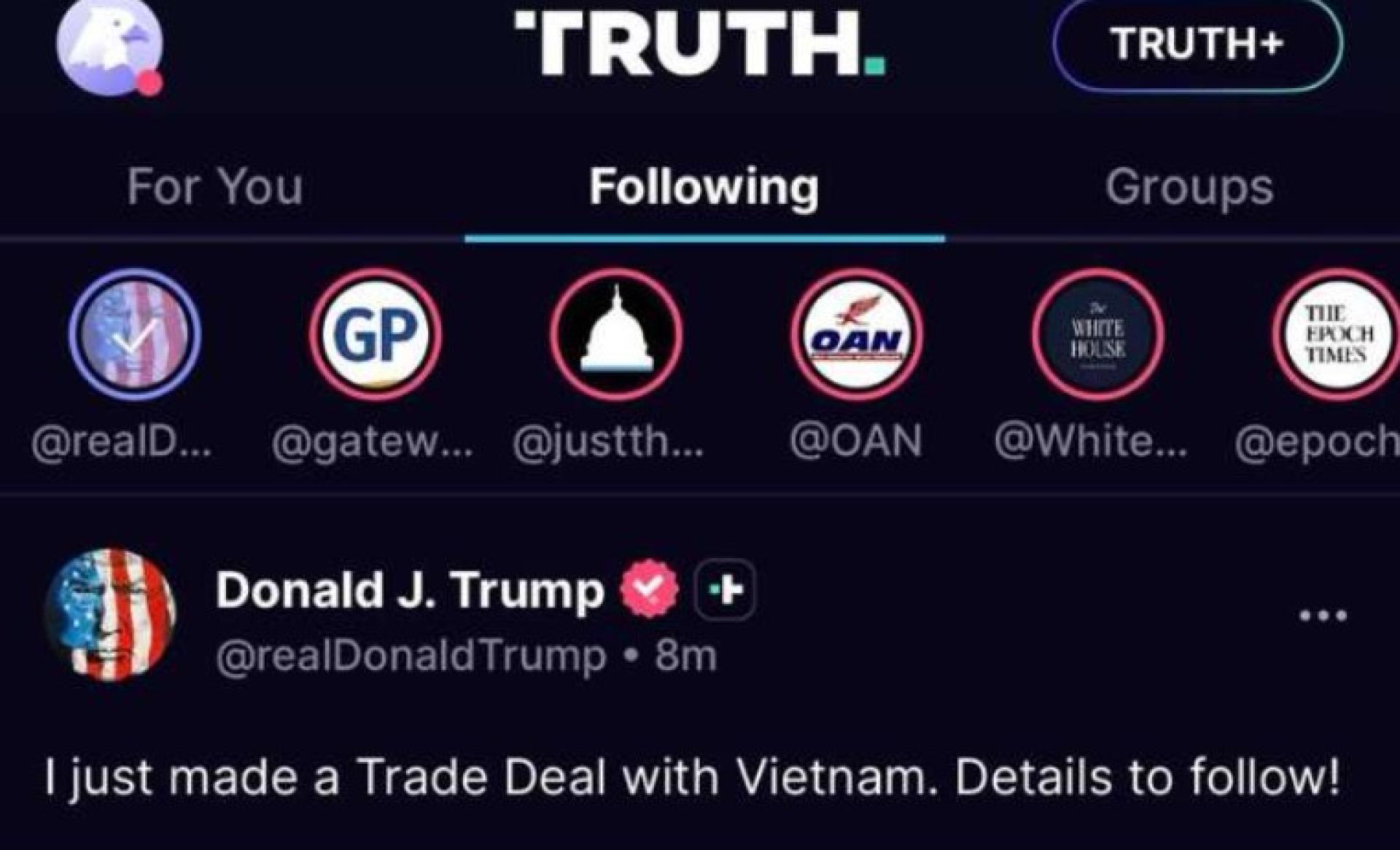 特朗普：与越南达成贸易协议，越南市场将对美国全面开放。