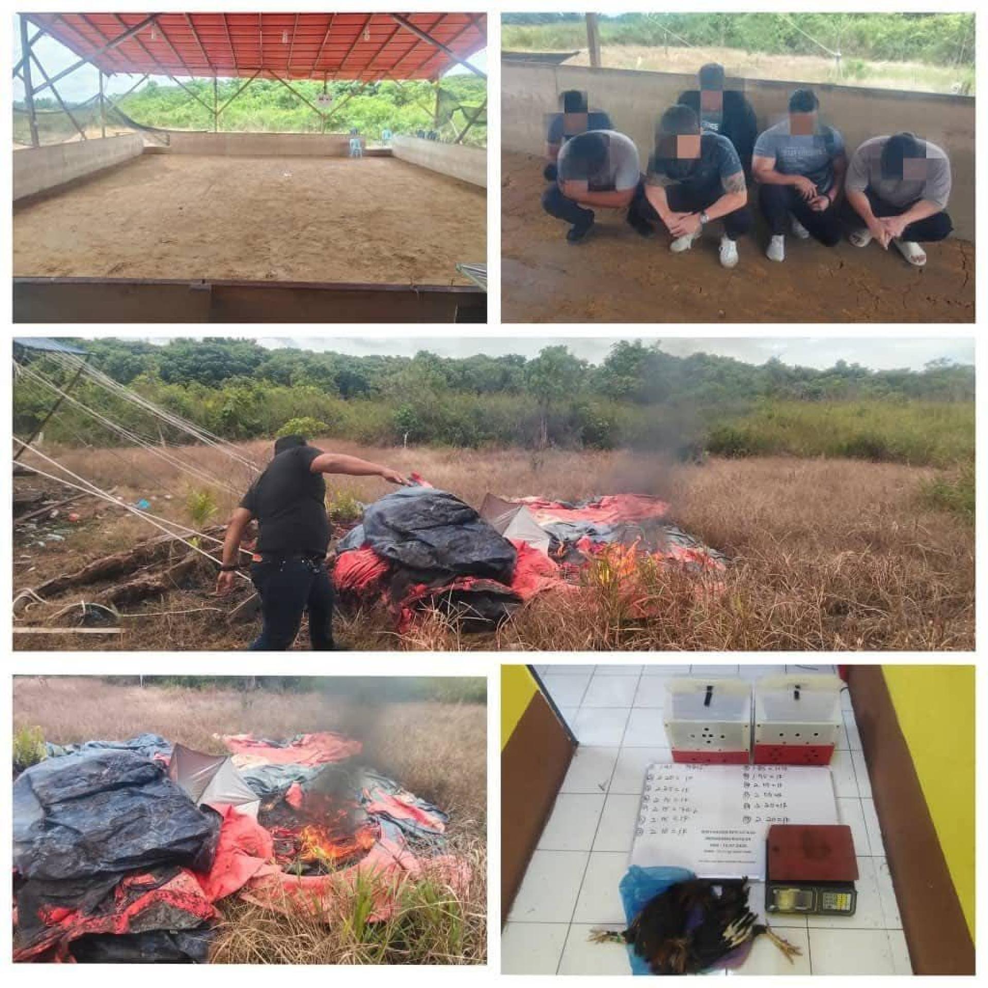 Enam suspek dan barangan yang disita semasa serbuan tersebut. Foto IPD Meradong