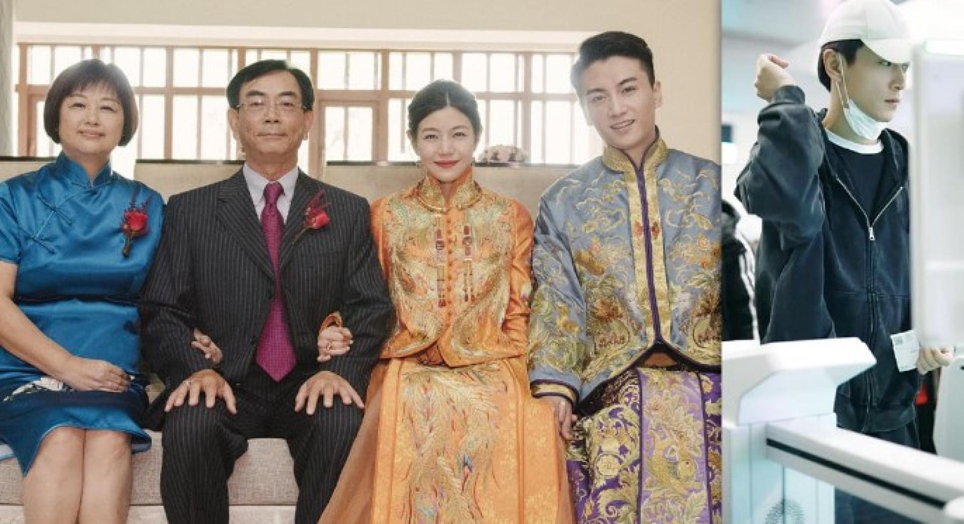 陈妍希（右二）和陈晓（右一）2016年在北京举行婚礼，陈妍希爸妈到场见证幸福。（右）陈晓9日现身杭州机场。