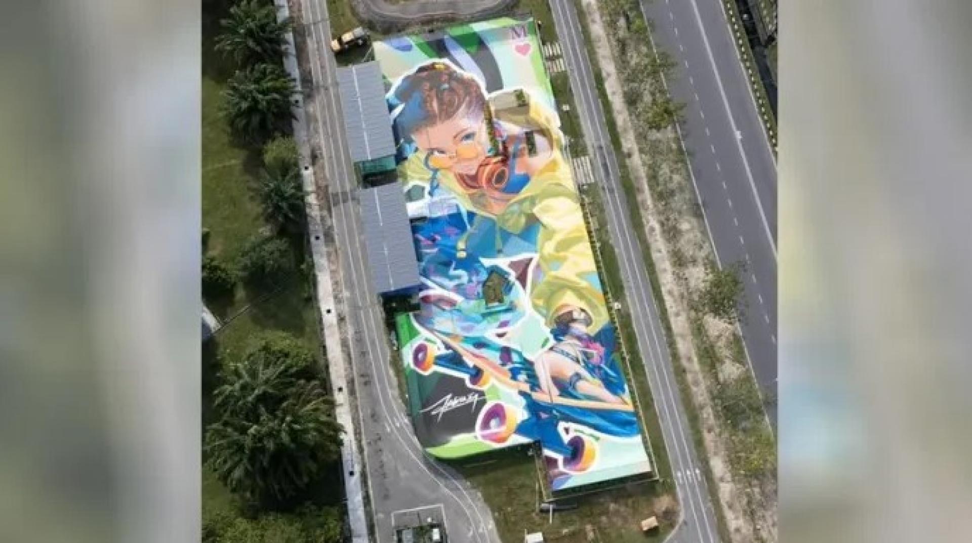 美里公园环道滑板公园的空拍图，可见“随机滑板女孩”立体壁画。