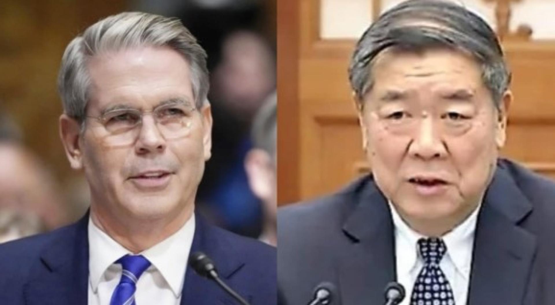 美财政部长贝森特（左）与中国副总理何立峰（右）在斯德哥尔进行谈判。（档案照）