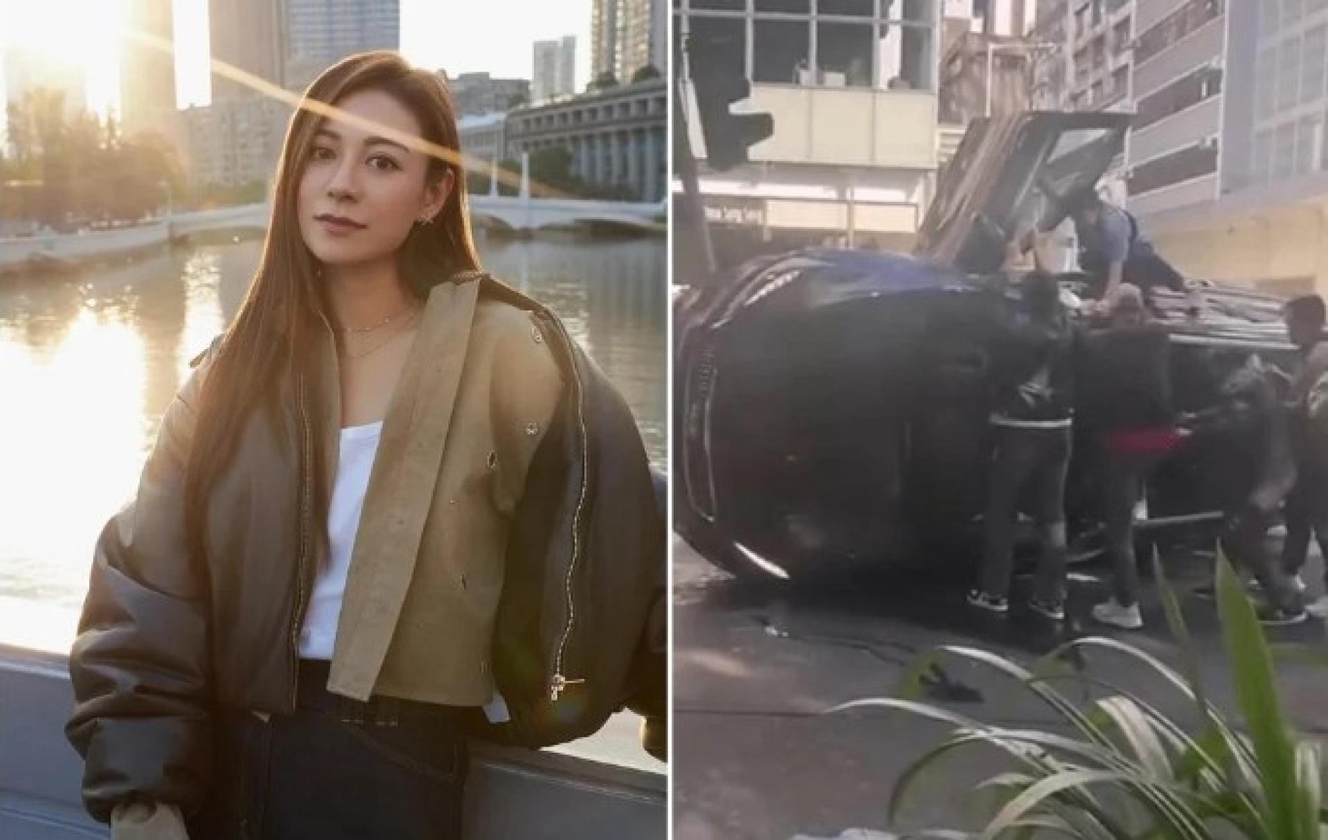 37岁香港女星江若琳13日在尖沙咀弥敦道翻车，被民众合力从车内救出。