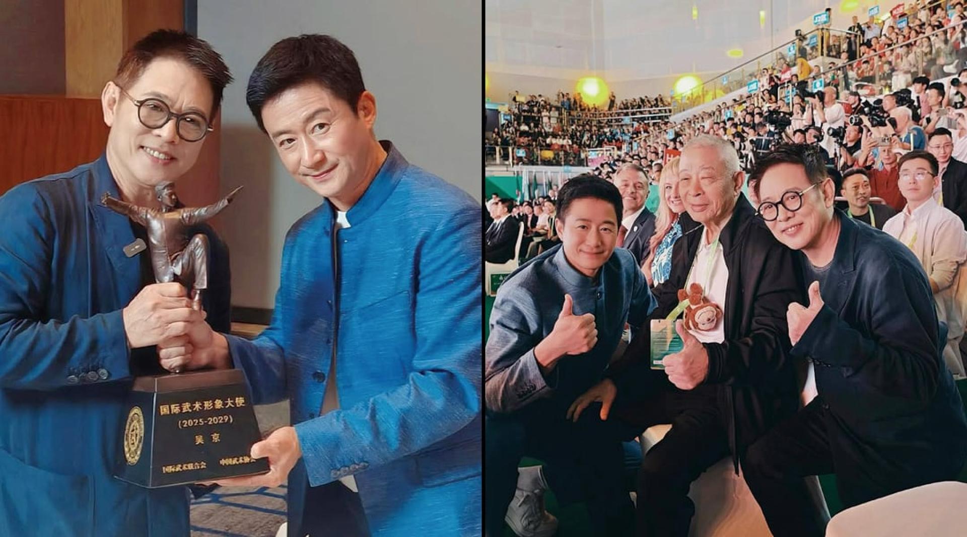 （左）李连杰将国际武术形象大使的重任交棒予吴京。（右）李连杰、吴京一同与恩师吴彬重聚。