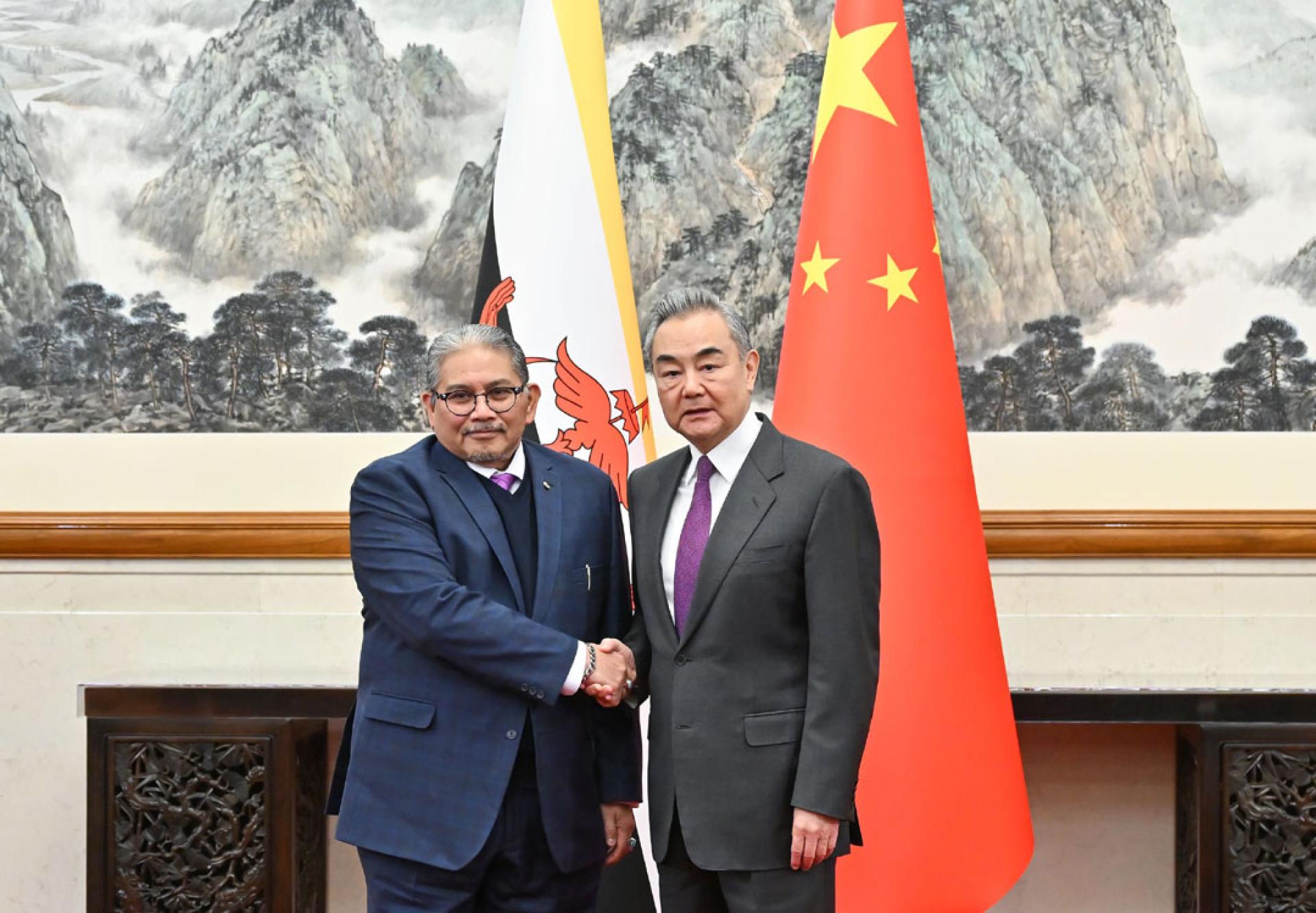 中国外交部长王毅（右）11日在北京同文莱外交主管部长艾瑞万（左）举行会谈。（图：新华社）
