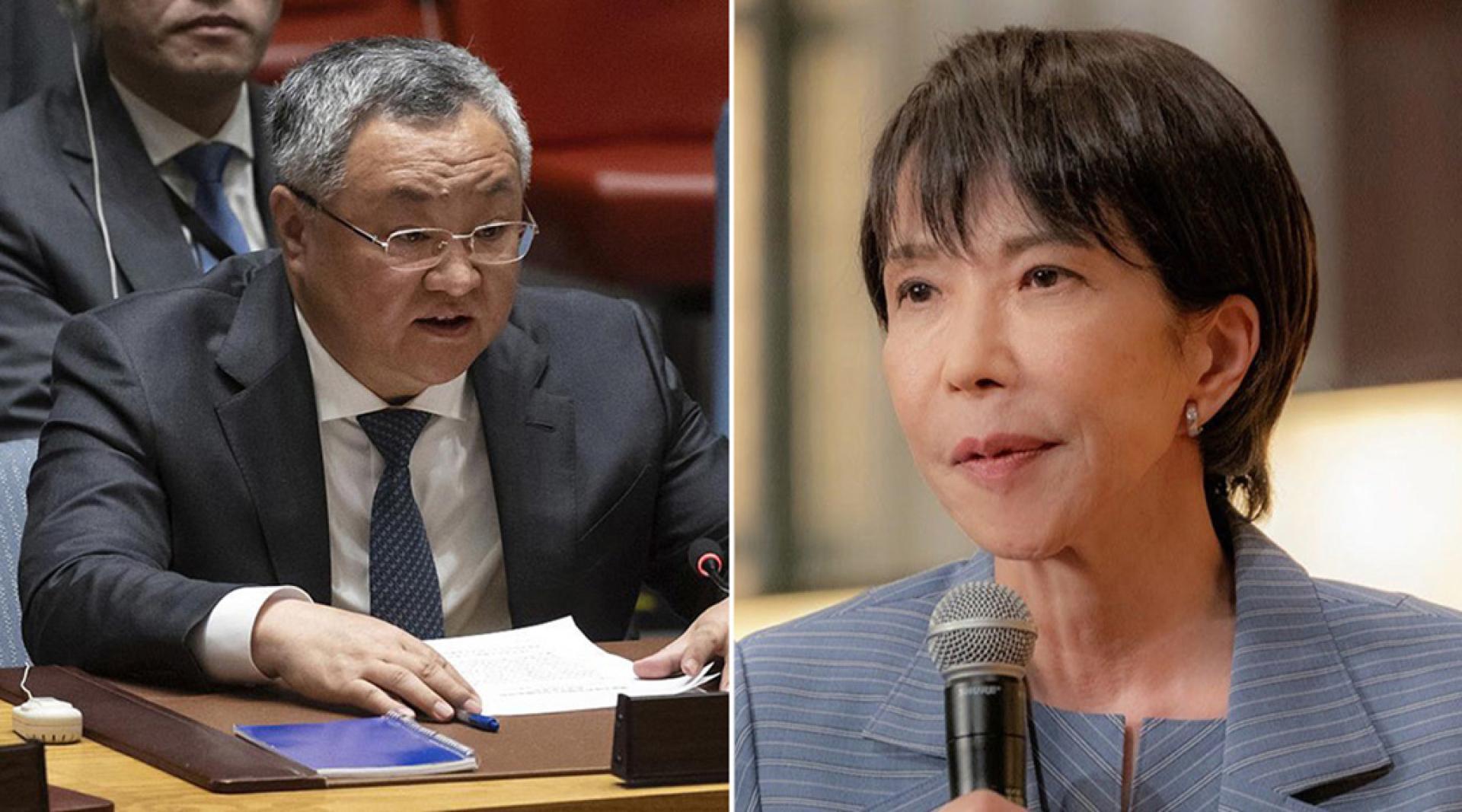 日相高市（右）对涉台言论做出反省后，中国常驻联合国代表傅聪（左）敦促高市收回错误言论。