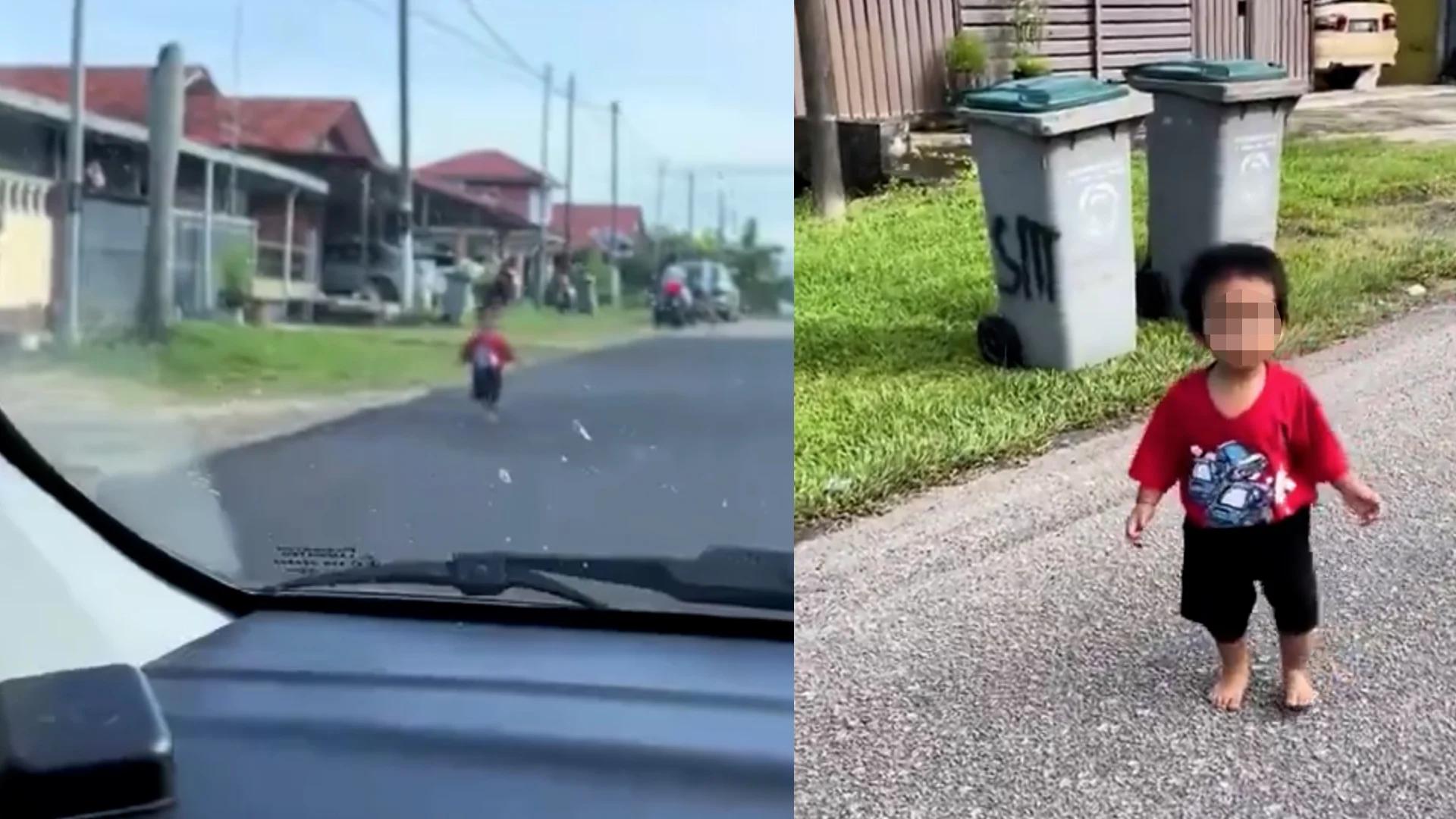 一名男童竟然在没有家长看管下，赤脚在住宅区路上奔跑。
