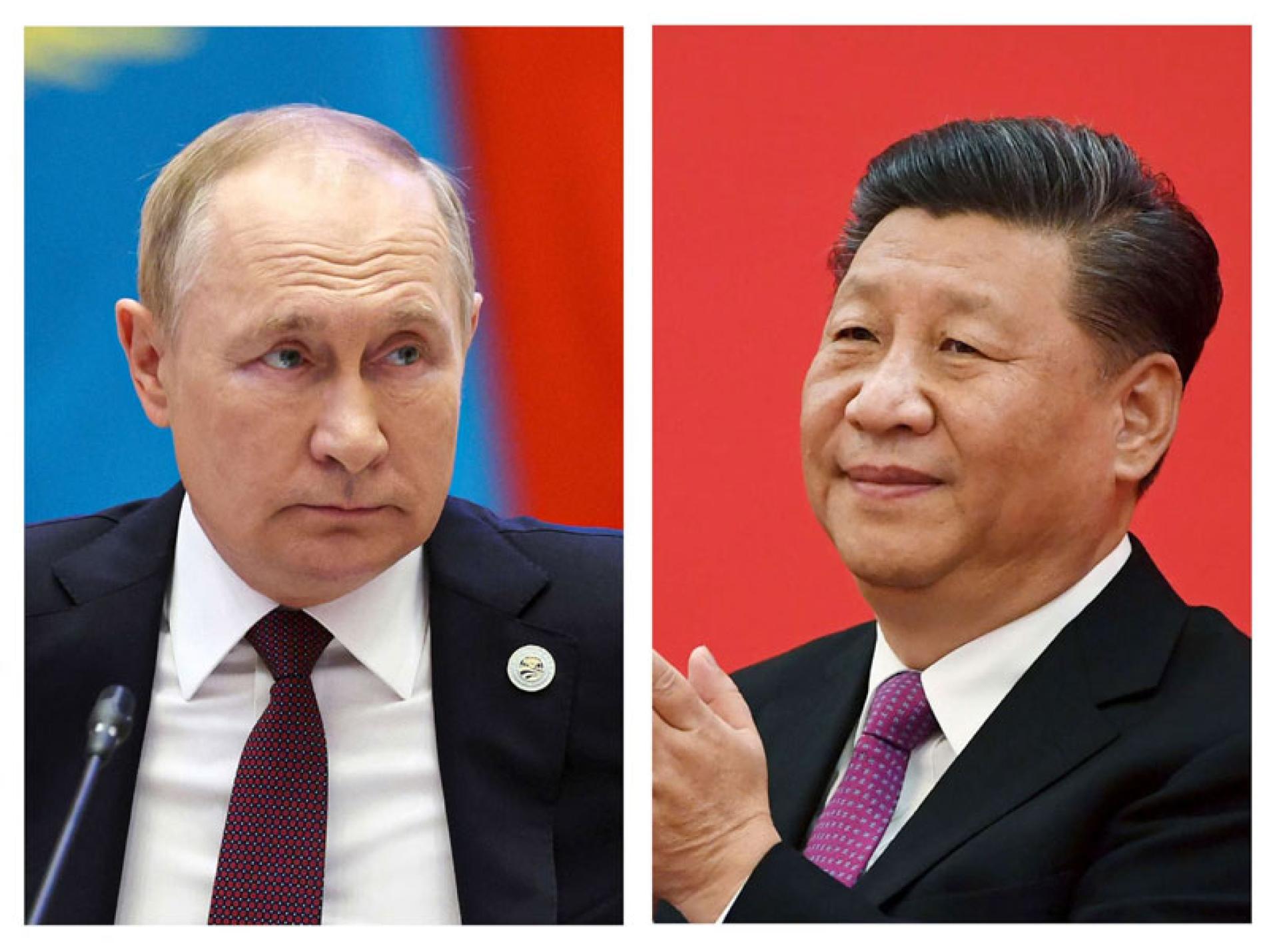 习近平（右）与普京（左）举行视频会晤。