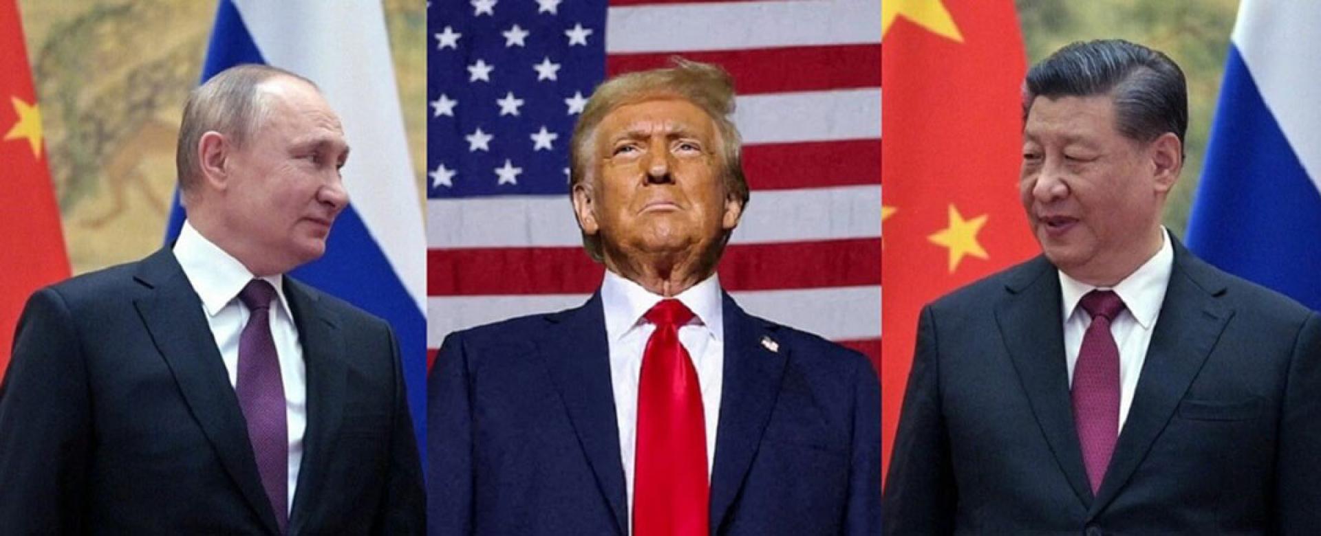 习近平（右）先后与普京（左）举行视讯会晤及与美国总统特朗普（中）通电话。