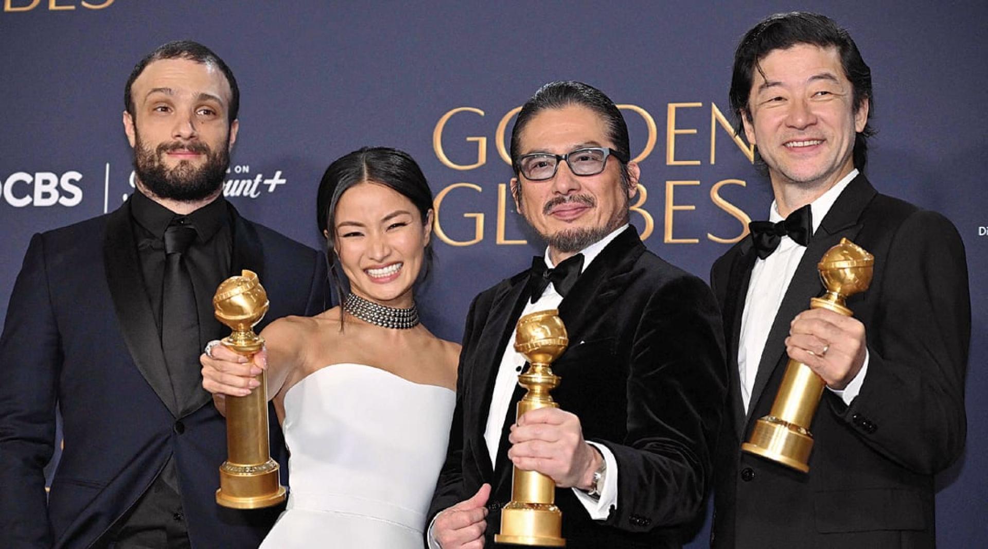 《幕府将军》是影集类大赢家，浅野忠信（右起）、真田广之及泽井杏奈开心合影。