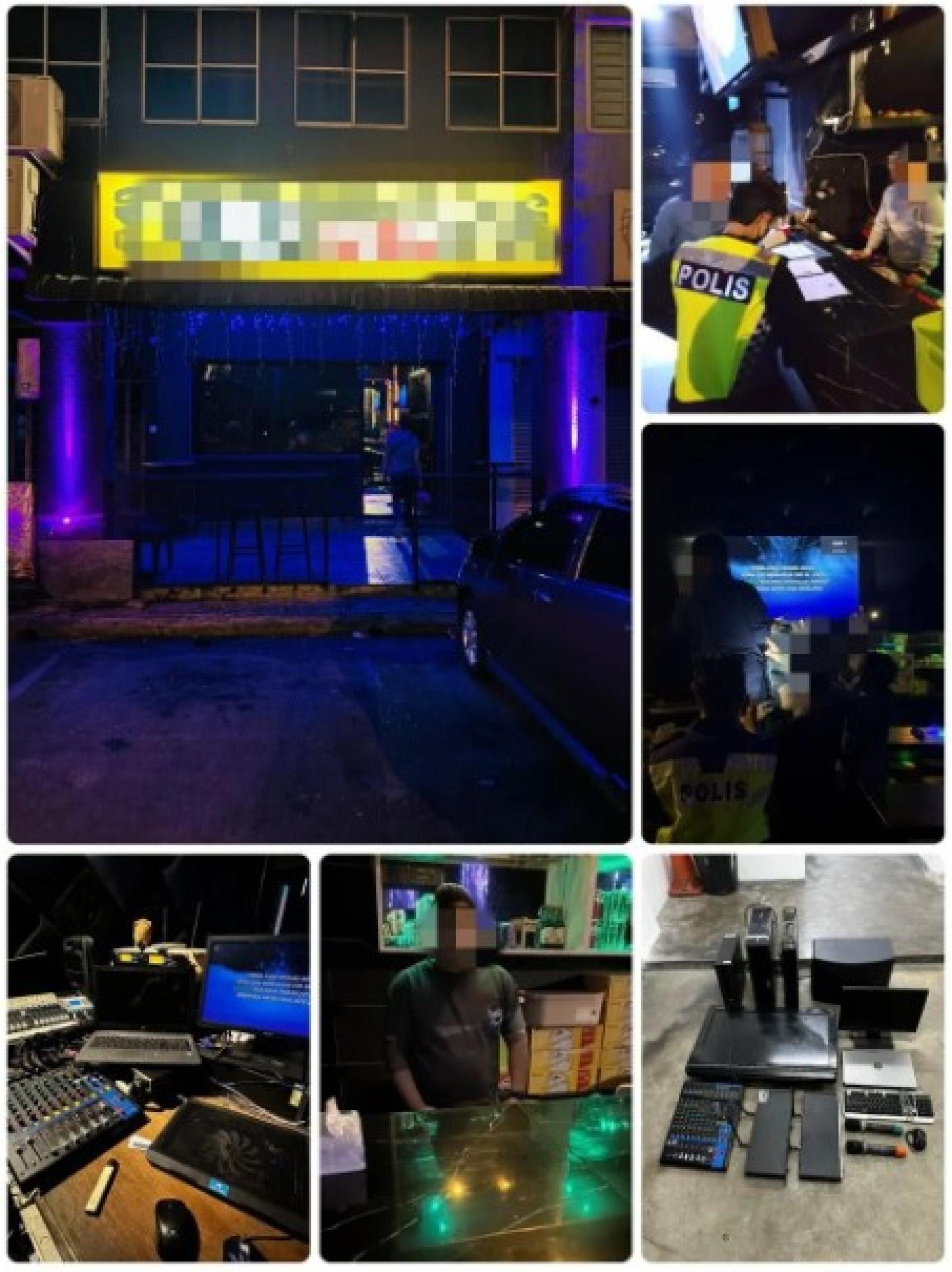 警方在突袭娱乐店时检查店内场所。