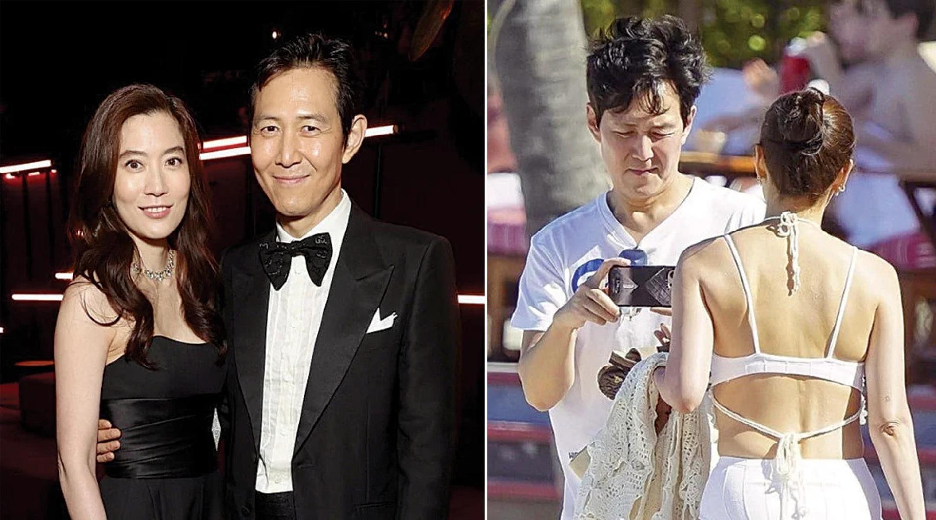 （左）李政宰与林世玲情牵17年。（右）李政宰亲昵地帮女友在海滩拍个人美照，丝毫未在意旁人目光。
