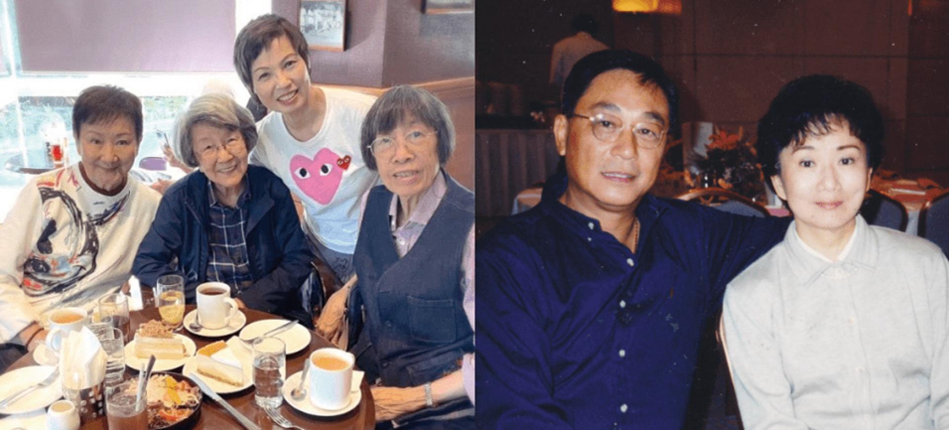 焦姣（左图左1）近照曝光，现年83岁的她气色极佳；和再婚老公曾江（右图左）甜蜜恩爱，2022年4月曾江不幸在检疫酒店猝逝。