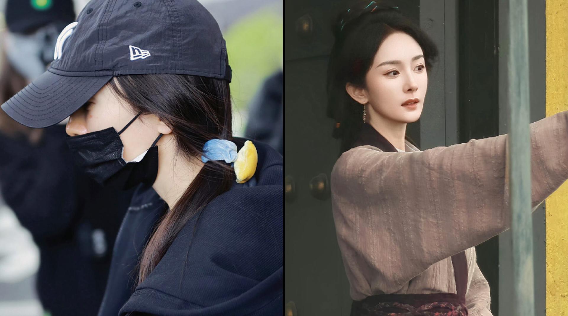 杨幂现身机场，戴着帽子口罩，眼周下红痕仍隐约可见。（右）杨幂未停工休养，继续赶拍新剧。