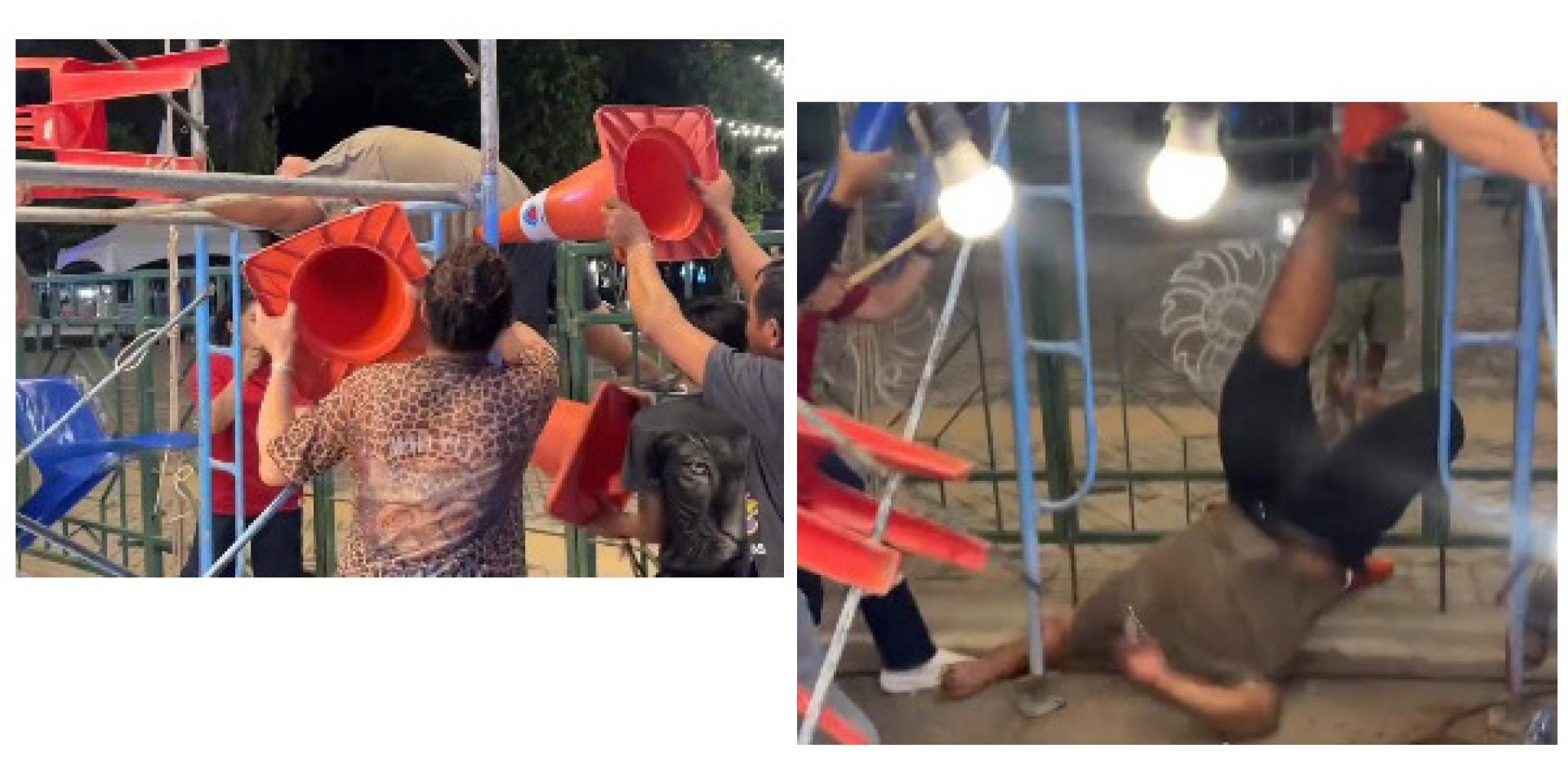 （左）民众合力把少年推离鹰架。（右）少年坠下，引发外界质疑救援可能造成二次伤害。