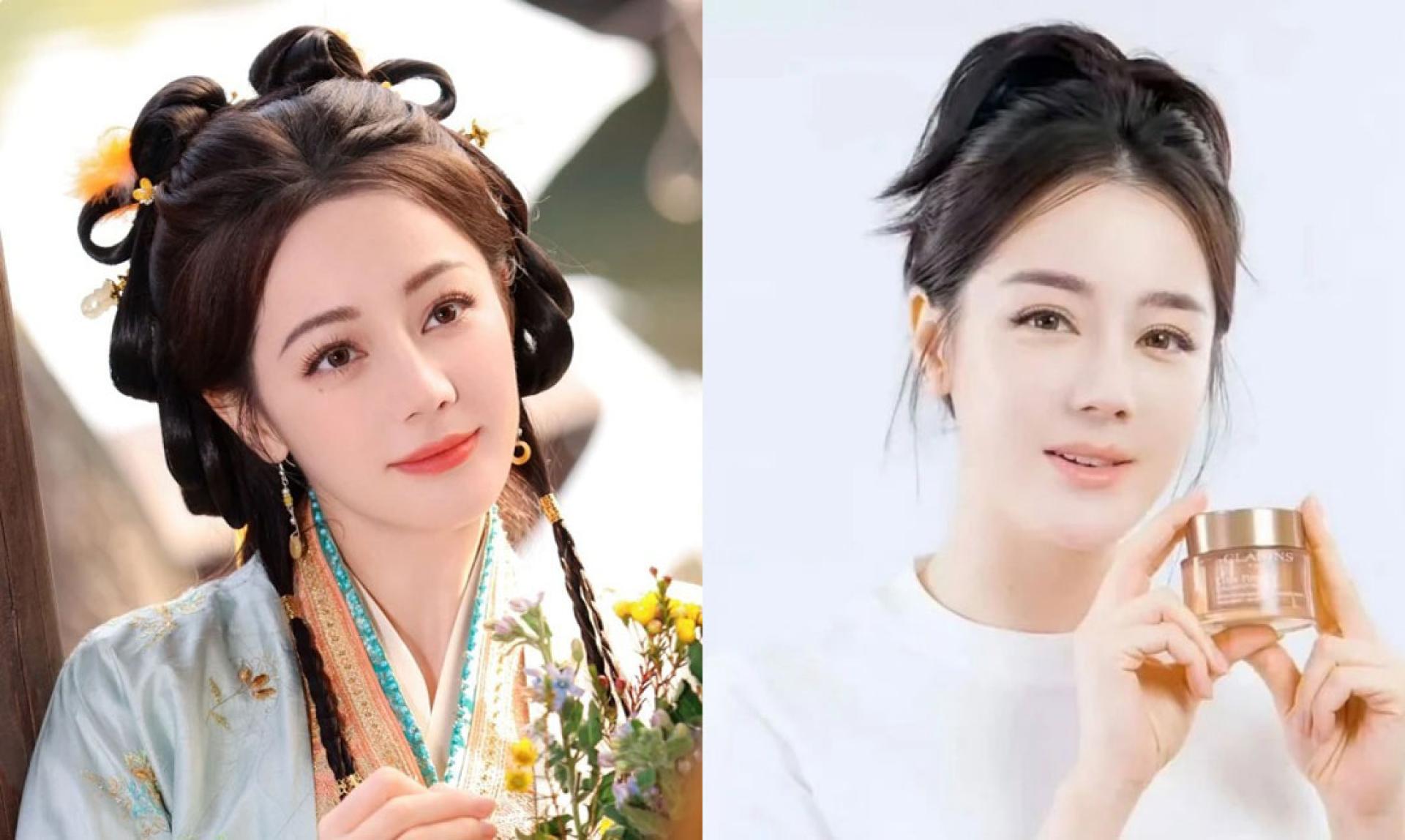 迪丽热巴主演的新剧《白日提灯》（左图）收视不佳，她最新广告（右图）还因脸部肿胀，颜值崩坏，加上近来网上盛传有替身，网友见广告后质疑迪丽热巴的本尊被替身取代。