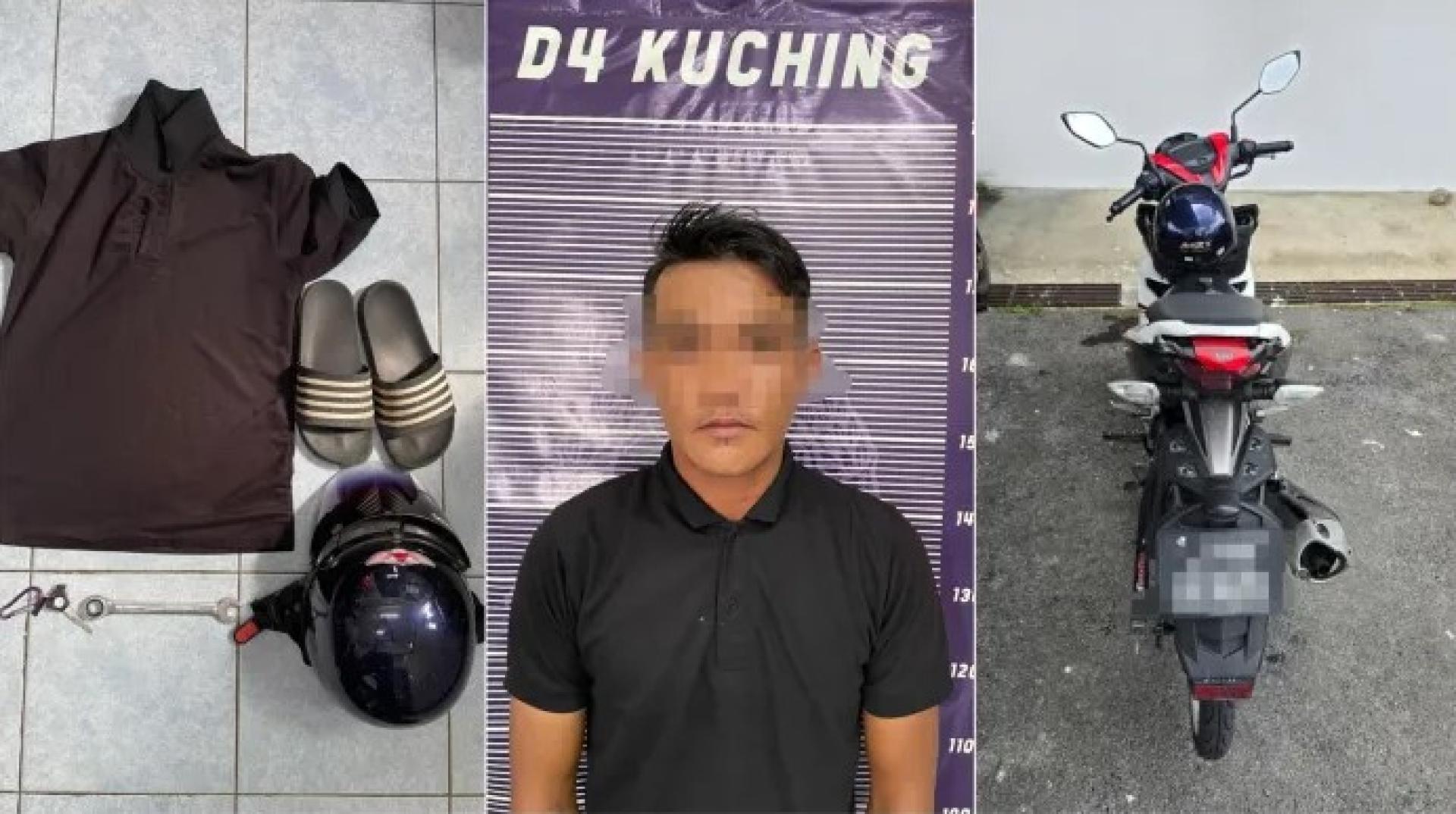 警方在古晋三哩展开行动时，逮捕29岁嫌犯，并起获一辆摩托车及数件相关物品。