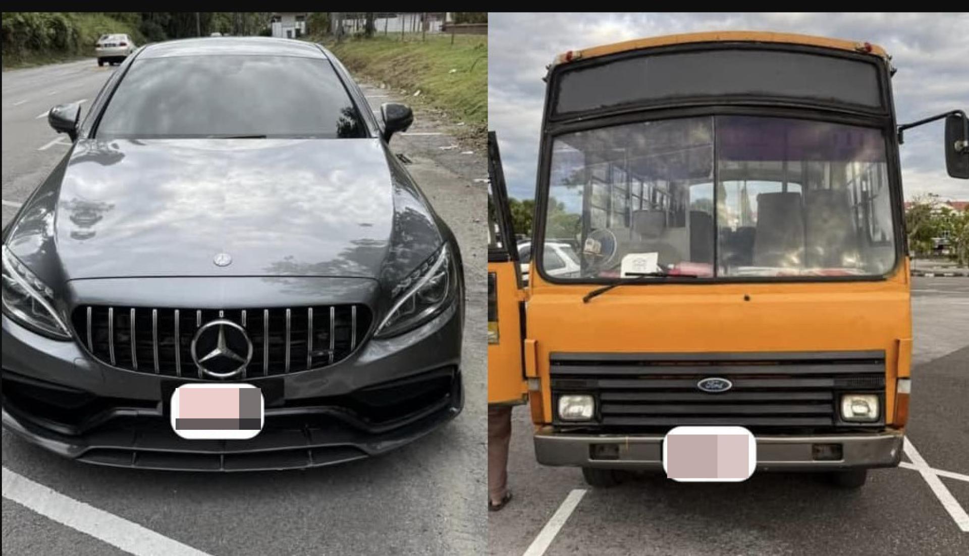 砂拉越陆路交通局扣押的豪华奔驰及校巴，因路税与保险违规被查扣。